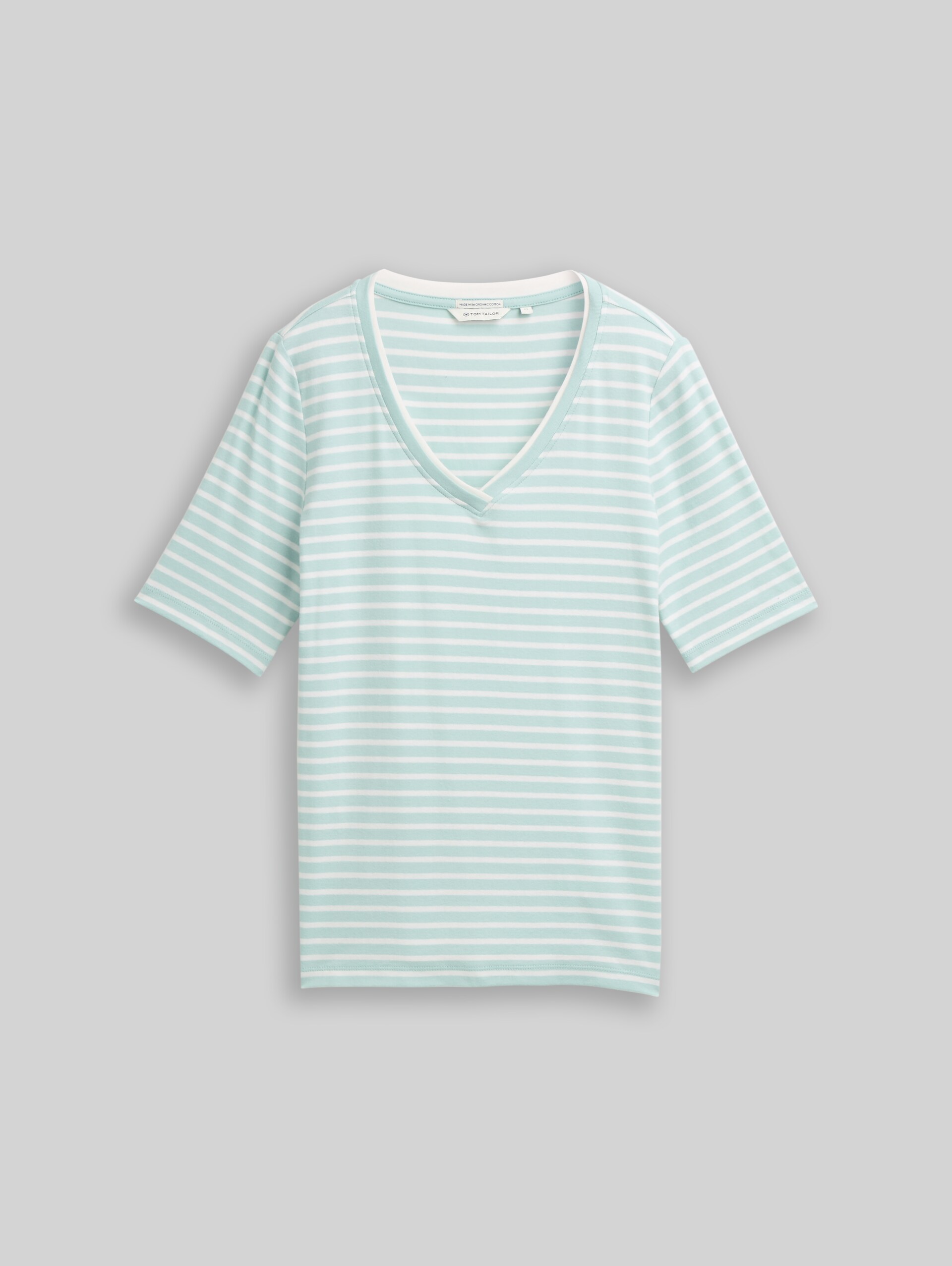 Slim fit T-shirt with V-neck - blue haze offwhite stripe - Front product view