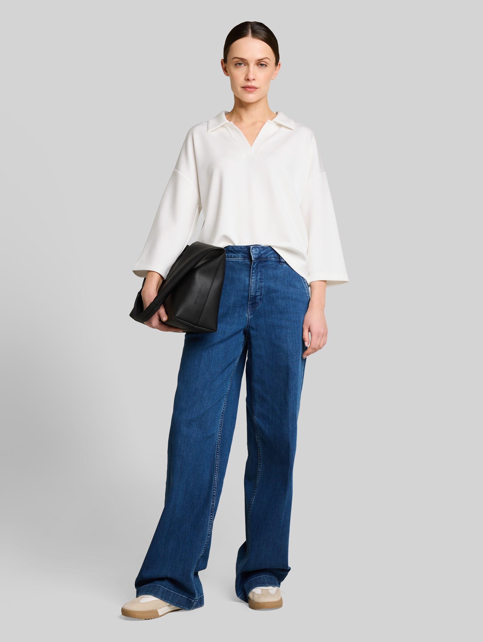 Loose fit scuba long-sleeved shirt with polo collar - Whisper White - Model front view