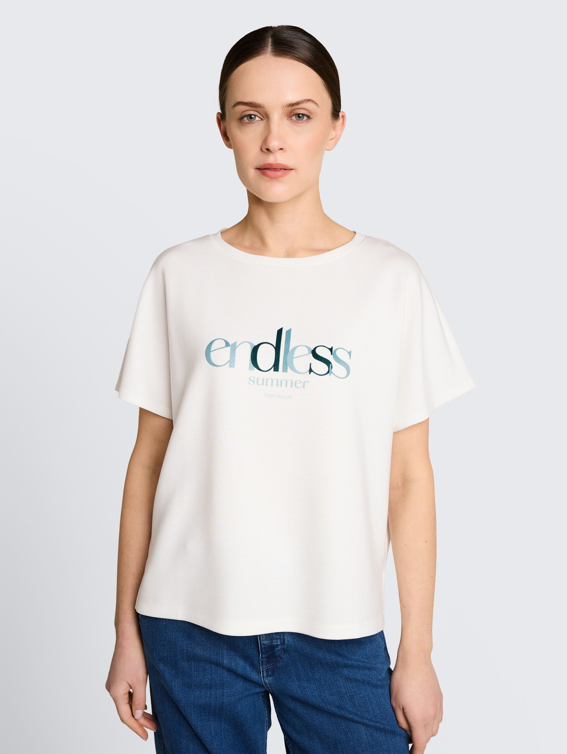 Loose-fit scuba T-shirt with print - Whisper White - Neckline model front view