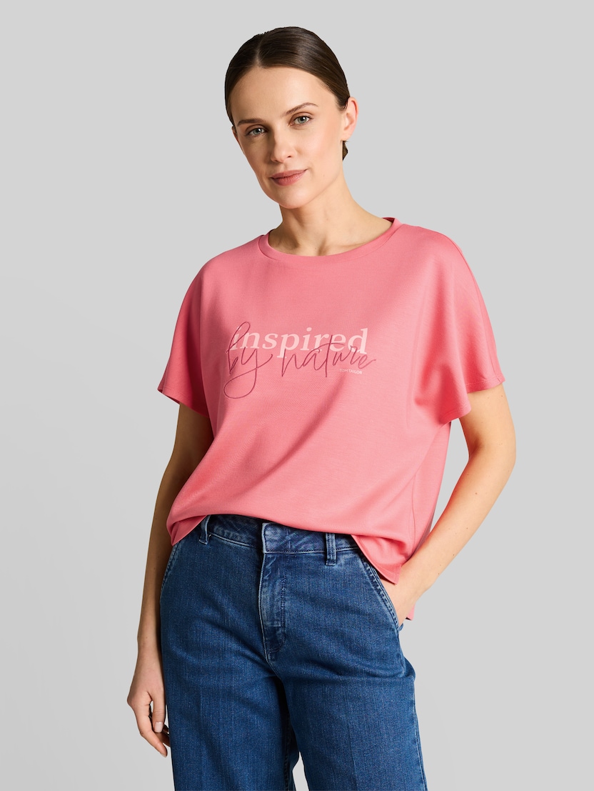 Loose Fit Scuba T-Shirt mit Print von Women, soft coral pink