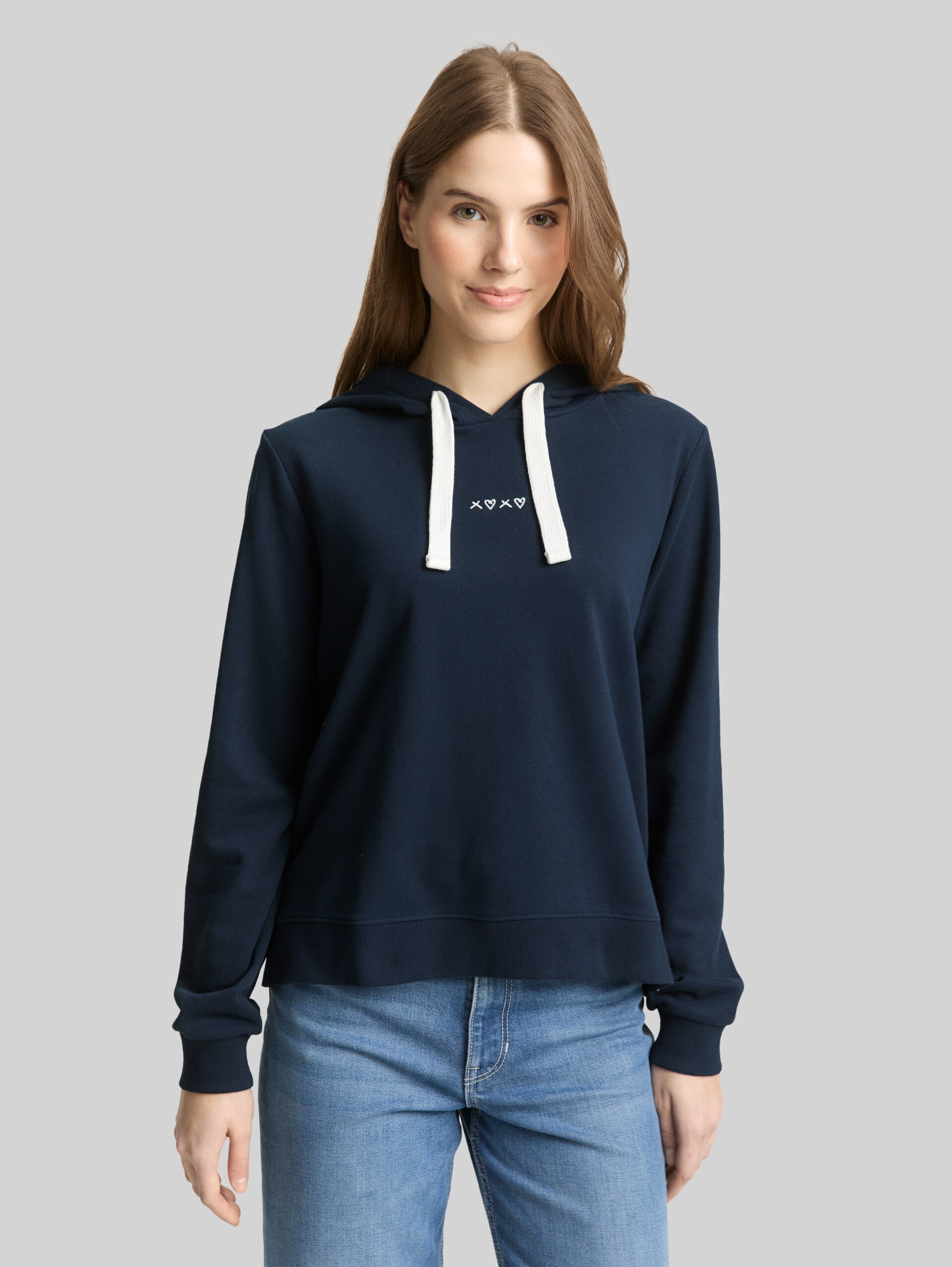 Hoodie sweatshirt with embroidery - sky captain blue - Neckline model front view