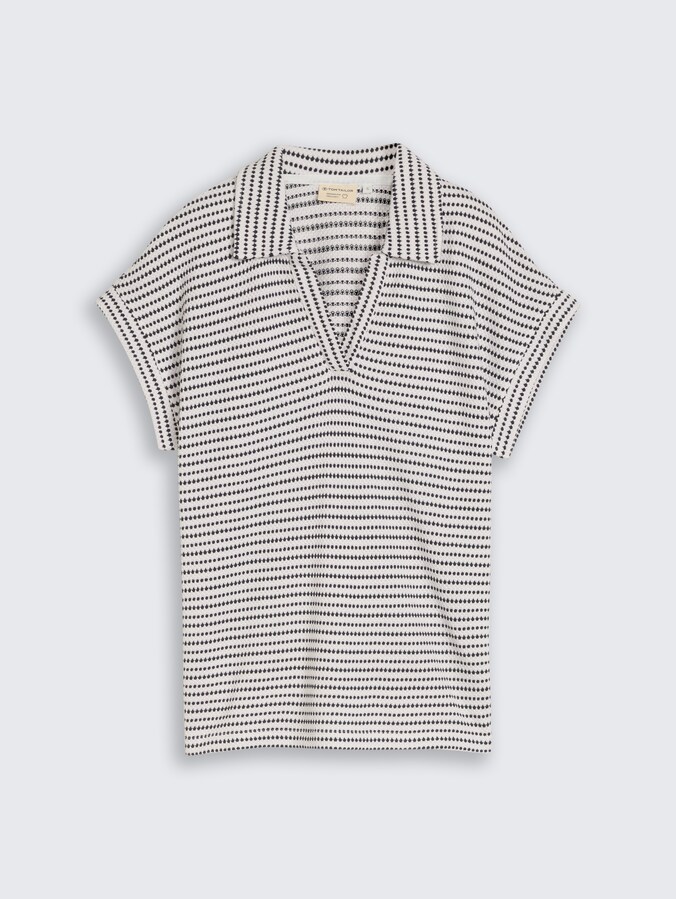 Loose Fit Jacquard T-Shirt mit Polokragen von Women, navy offwhite structure stripe