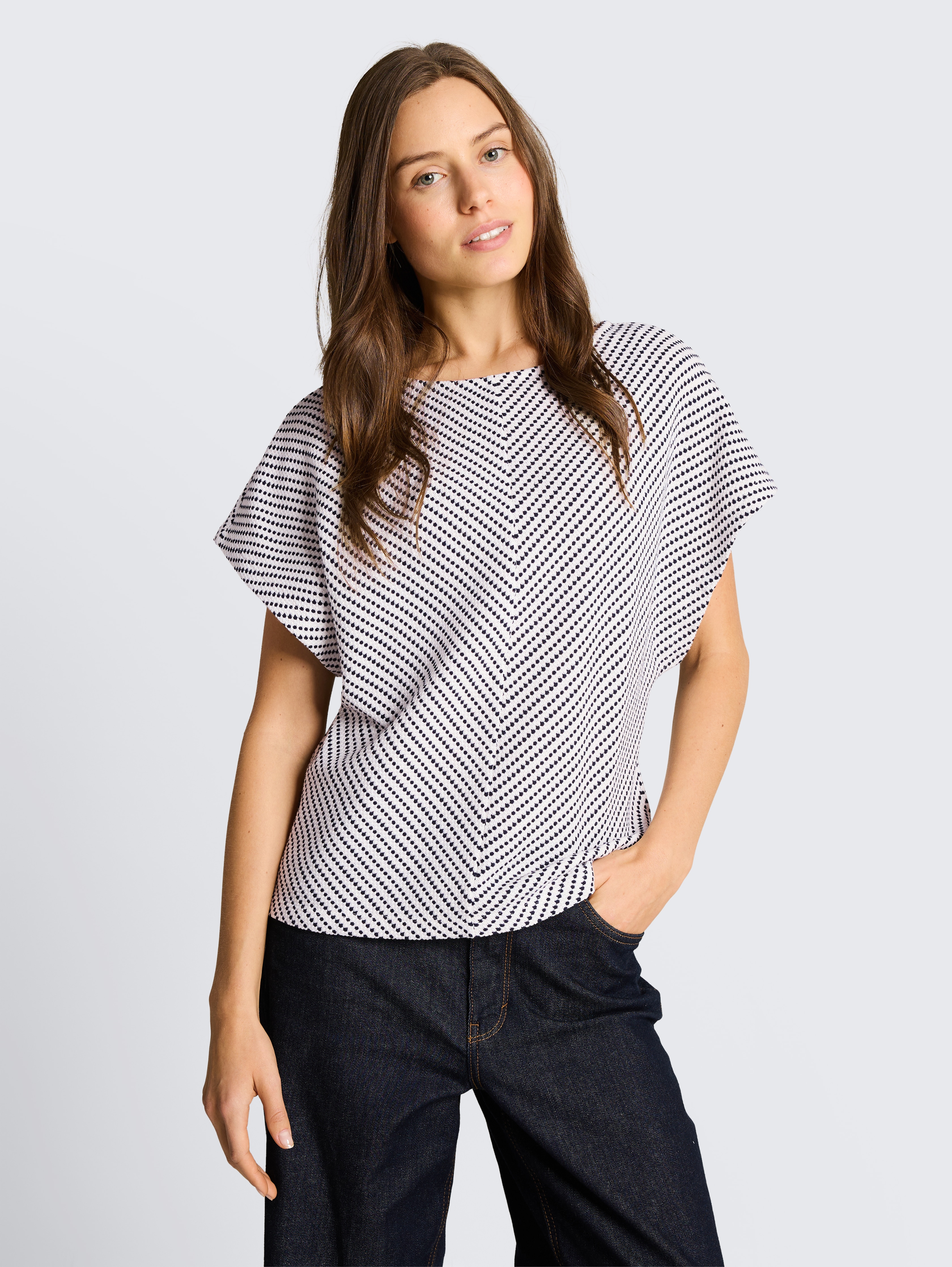 Jacquard T-Shirt aus Baumwolle von Women, navy offwhite structure stripe