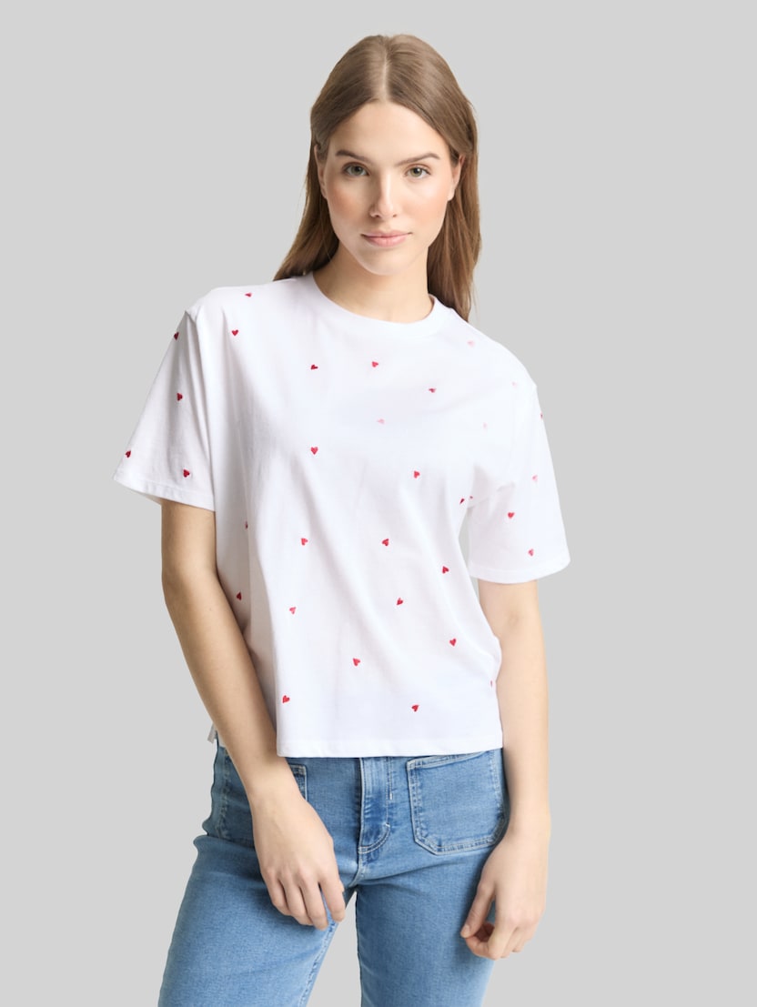 T-shirt met boxy pasvorm en borduursels door Denim Female, white red heart embroidery