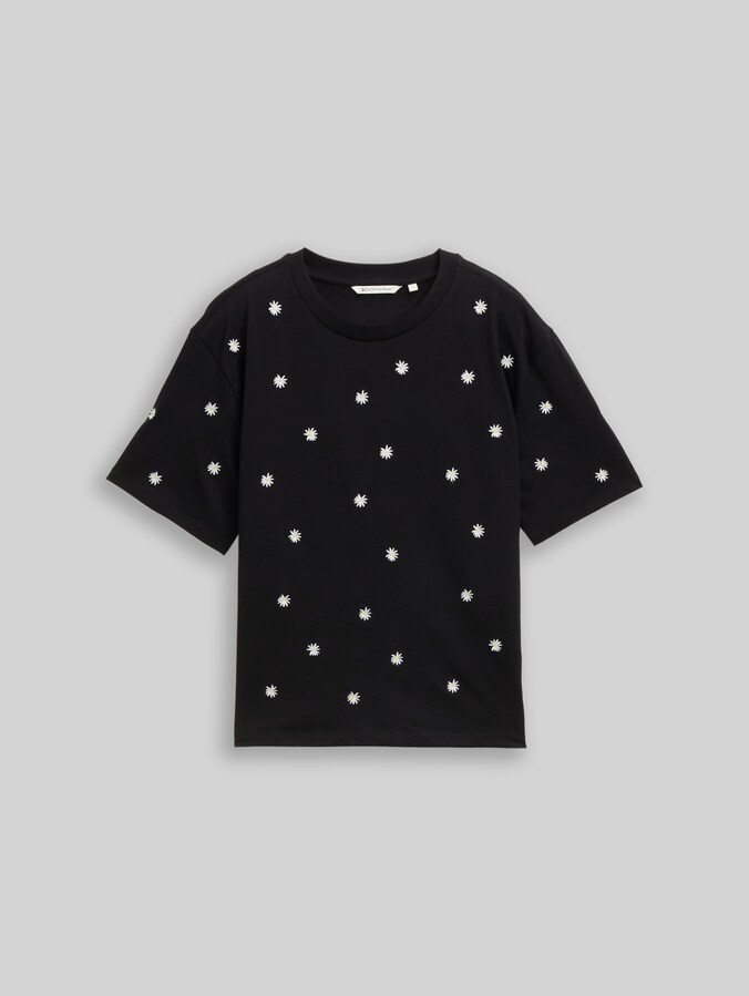 Boxy Fit T-Shirt mit Stickereien von Denim Female, black daisy design