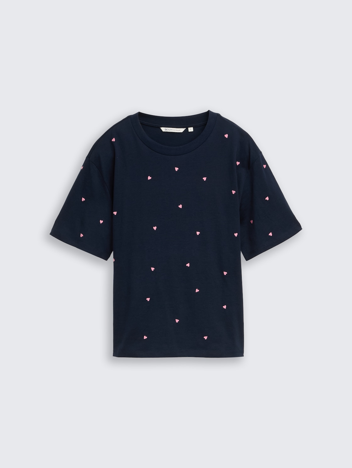 Boxy Fit T-Shirt mit Stickereien - navy pink heart embroidery - Vorder-Produkt-Ansicht
