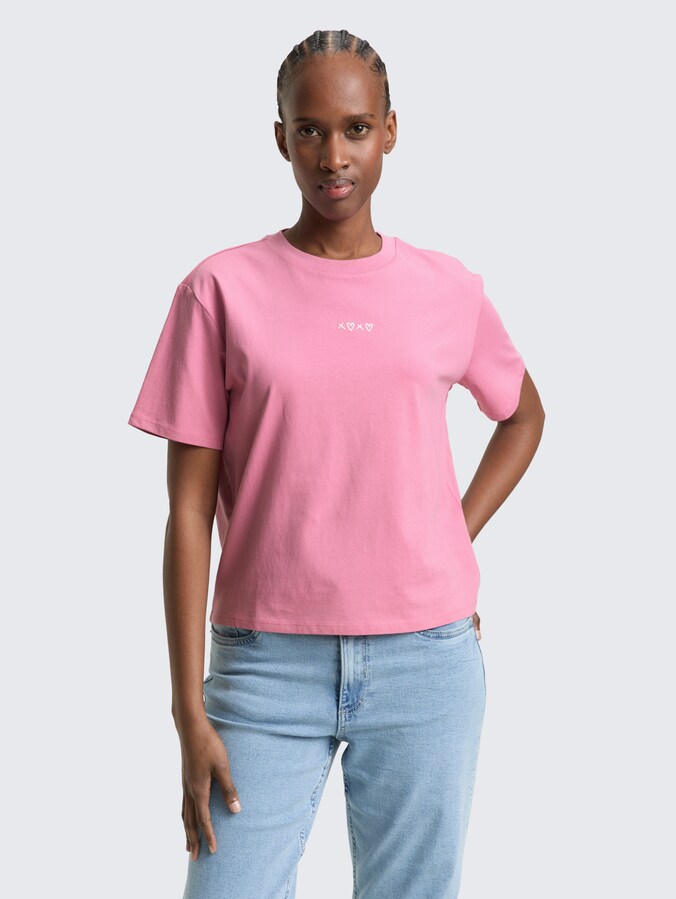 Boxy fit T-shirt met borduursel door Denim Female, Soft Blush Rose