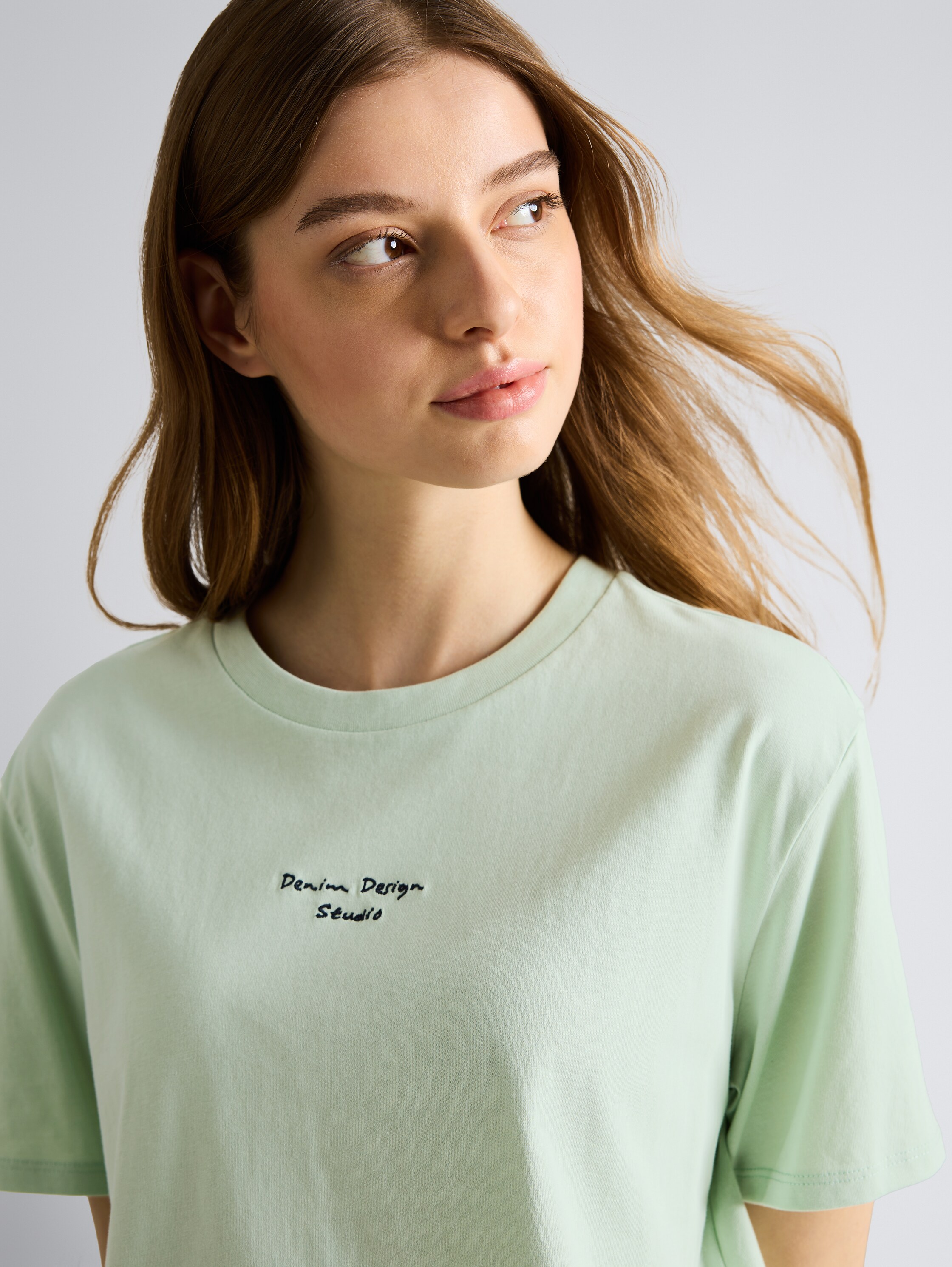 Boxy Fit T-Shirt mit Stickerei - light matcha green - Detail-Model-Ansicht