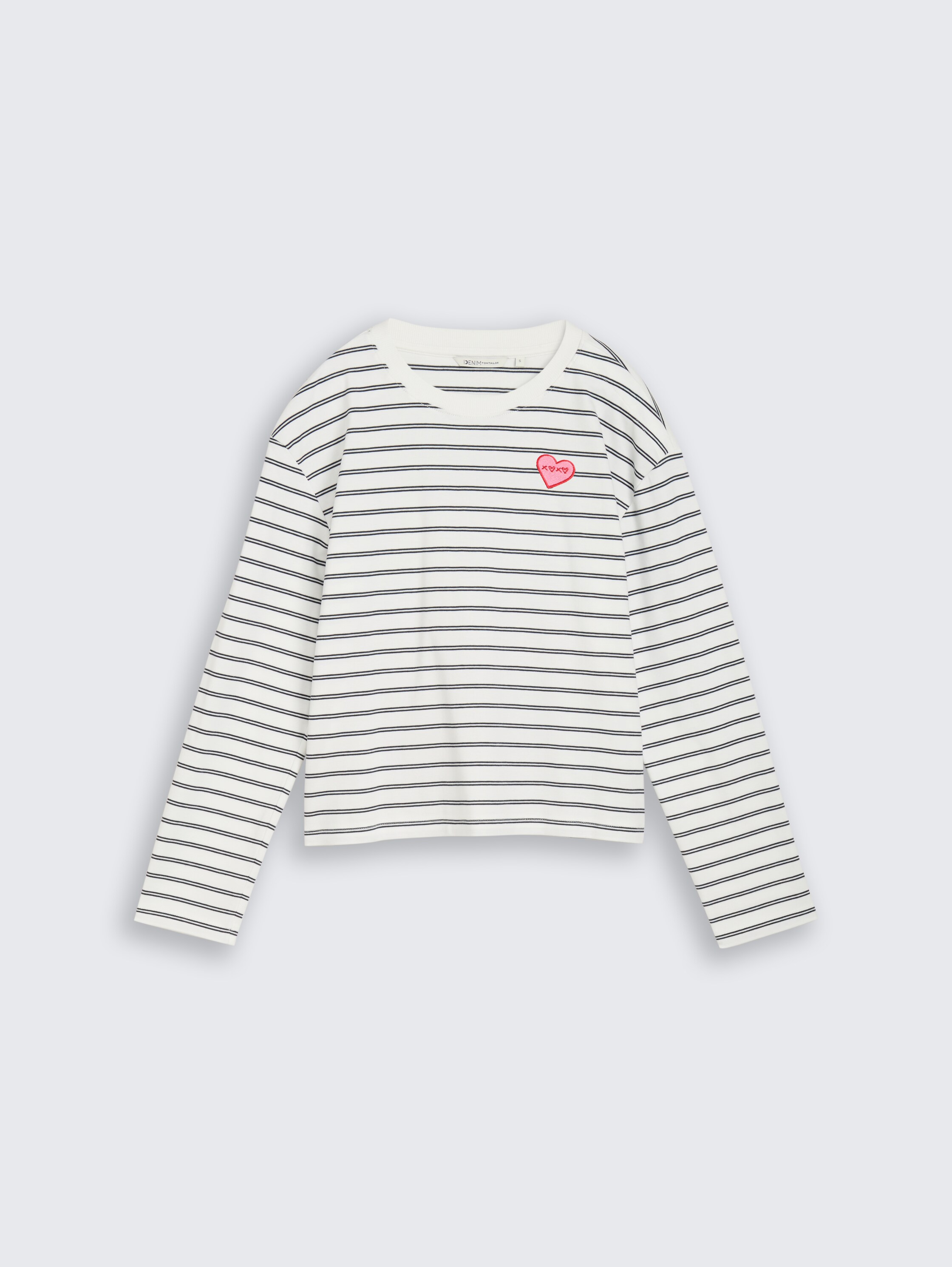 Boxy Fit Langarmshirt mit Herz-Stickerei - off white navy stripe - Vorder-Produkt-Ansicht