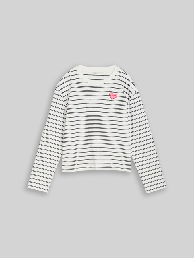 Boxy fit shirt met lange mouwen en hartjesborduursel door Denim Female, off white navy stripe