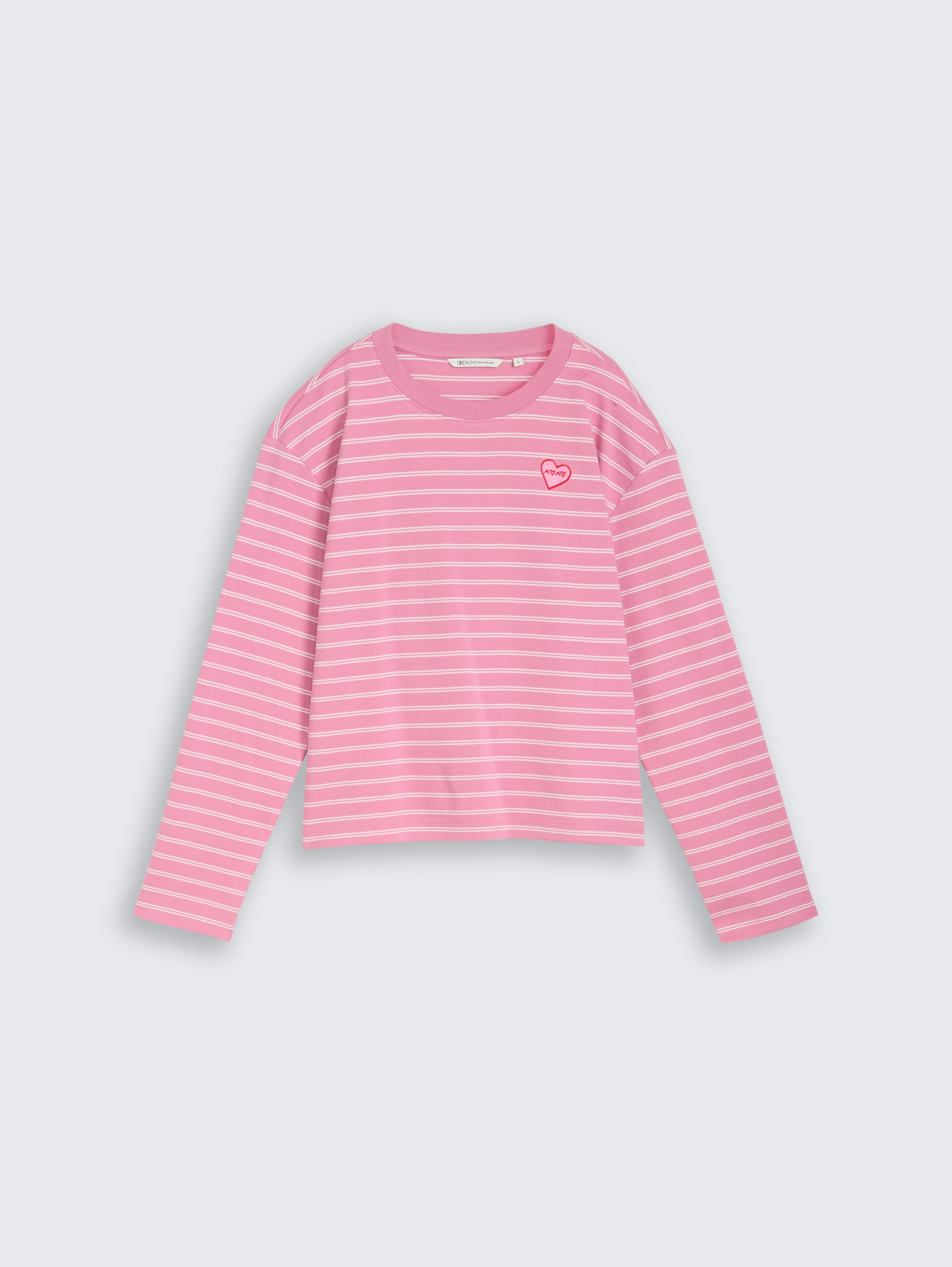 Boxy Fit Langarmshirt mit Herz-Stickerei - pink white stripe - Vorder-Produkt-Ansicht