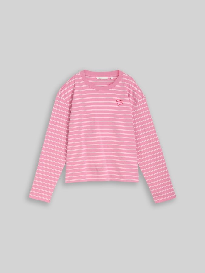 Boxy fit long-sleeved shirt with heart embroidery by Denim Female, pink white stripe