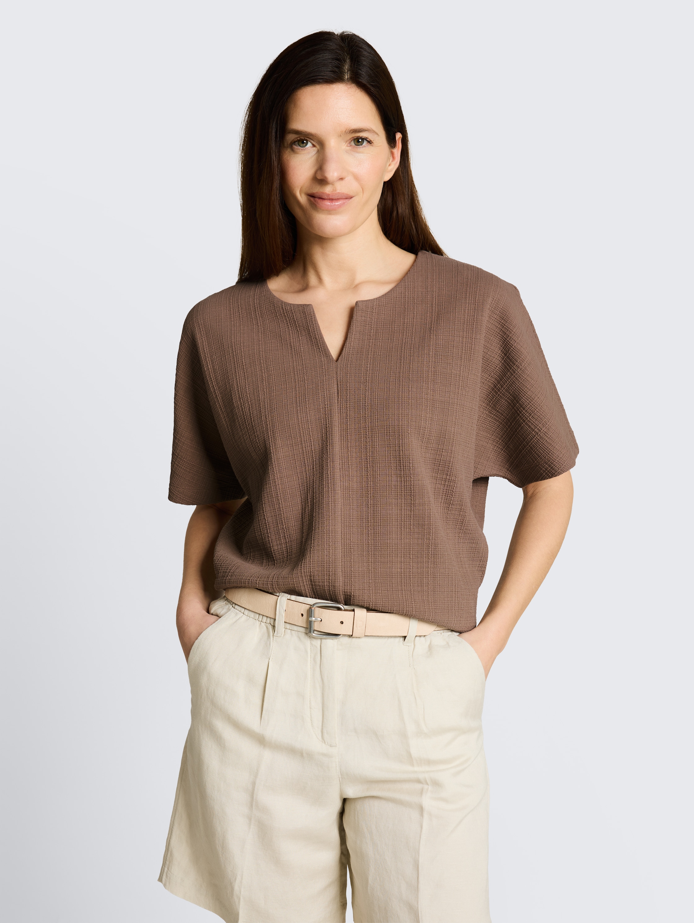 Jacquard Sweatshirt mit V-Ausschnitt - taupe_grey - 