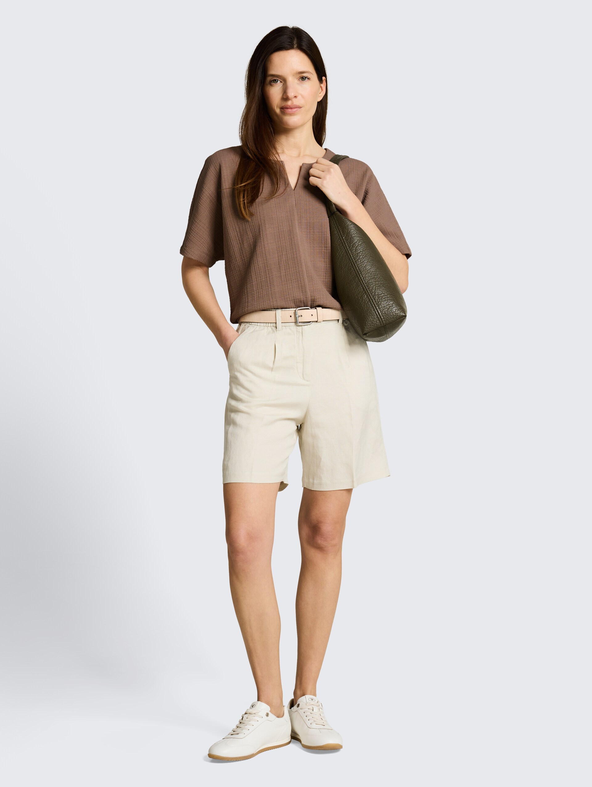 Jacquard sweatshirt met V-hals - taupe grey - Model vooraanzicht