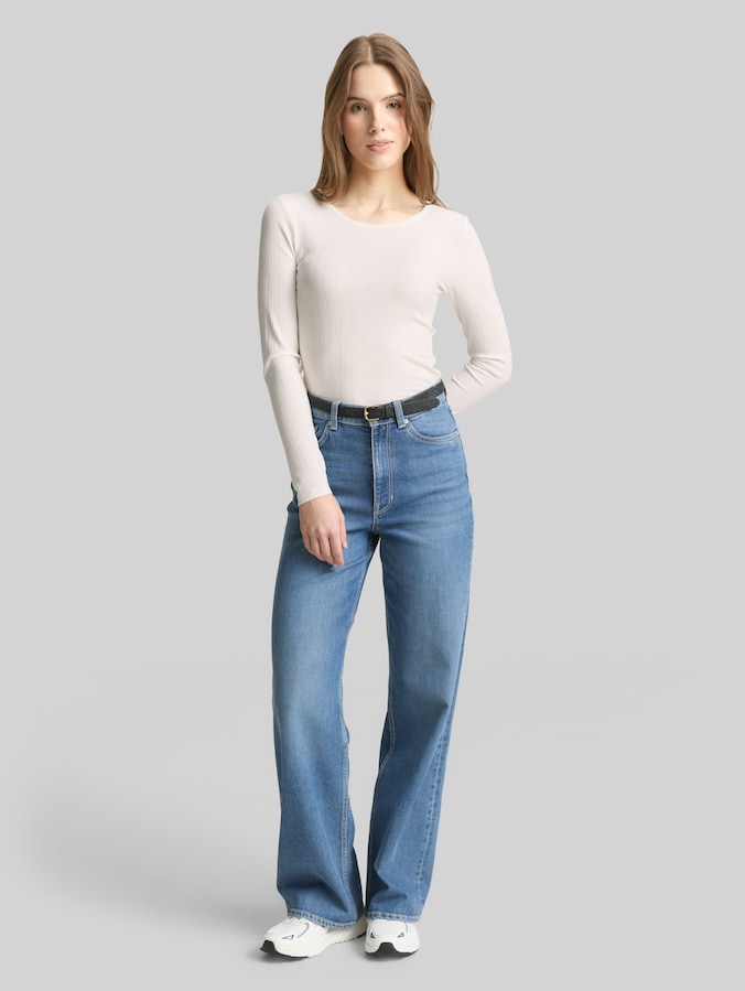 T-shirt slim fit à manches longues et structure côtelée par Denim Female, off white