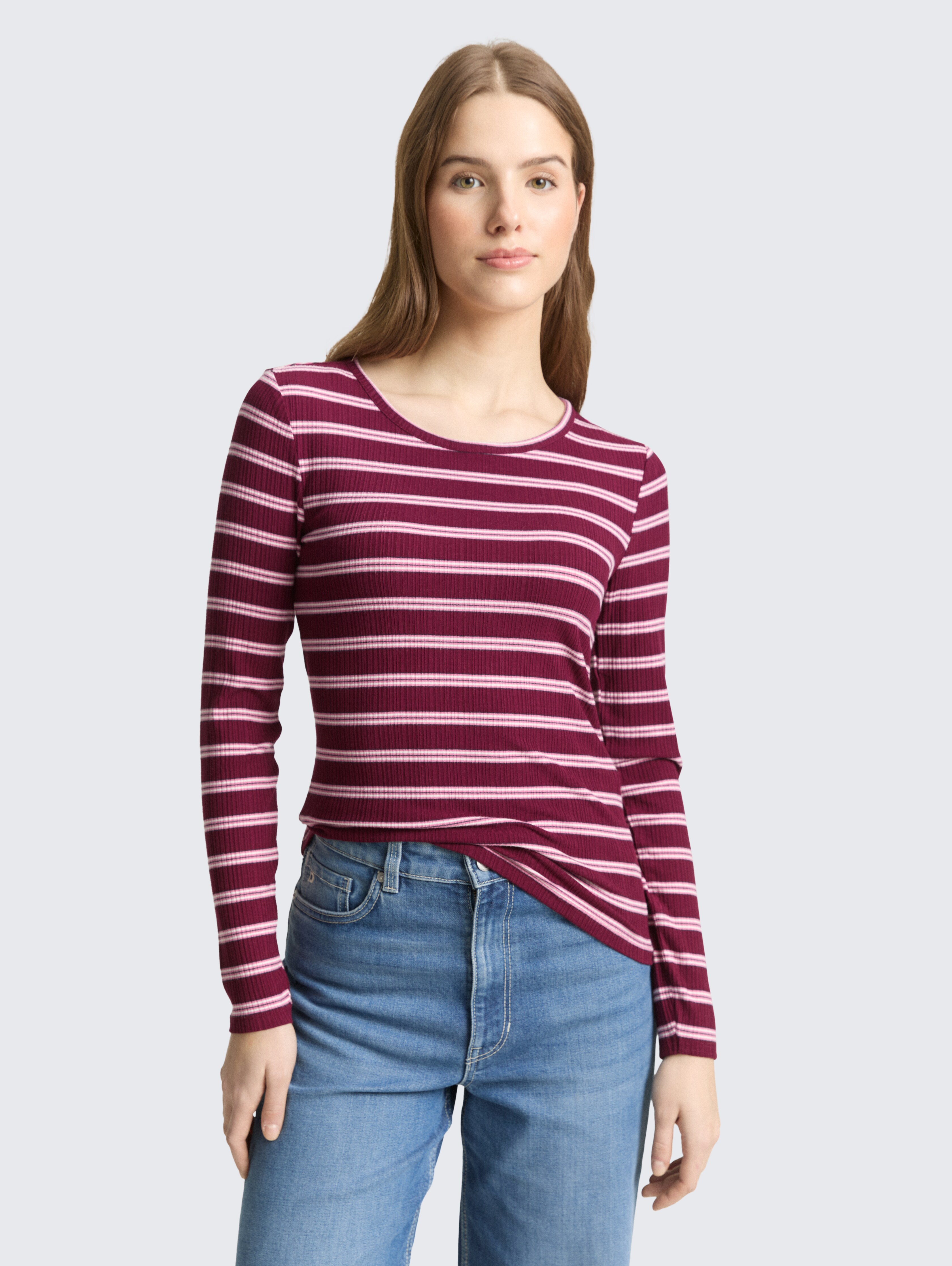 Slim Fit Langarmshirt mit Rippstruktur von Denim Female, red pink multicolor stripe