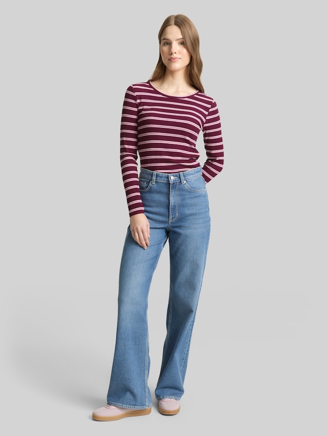 Slim Fit Langarmshirt mit Rippstruktur von Denim Female, red pink multicolor stripe