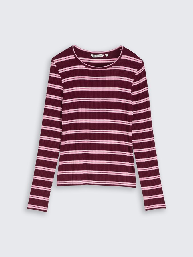 Slim Fit Langarmshirt mit Rippstruktur von Denim Female, red pink multicolor stripe