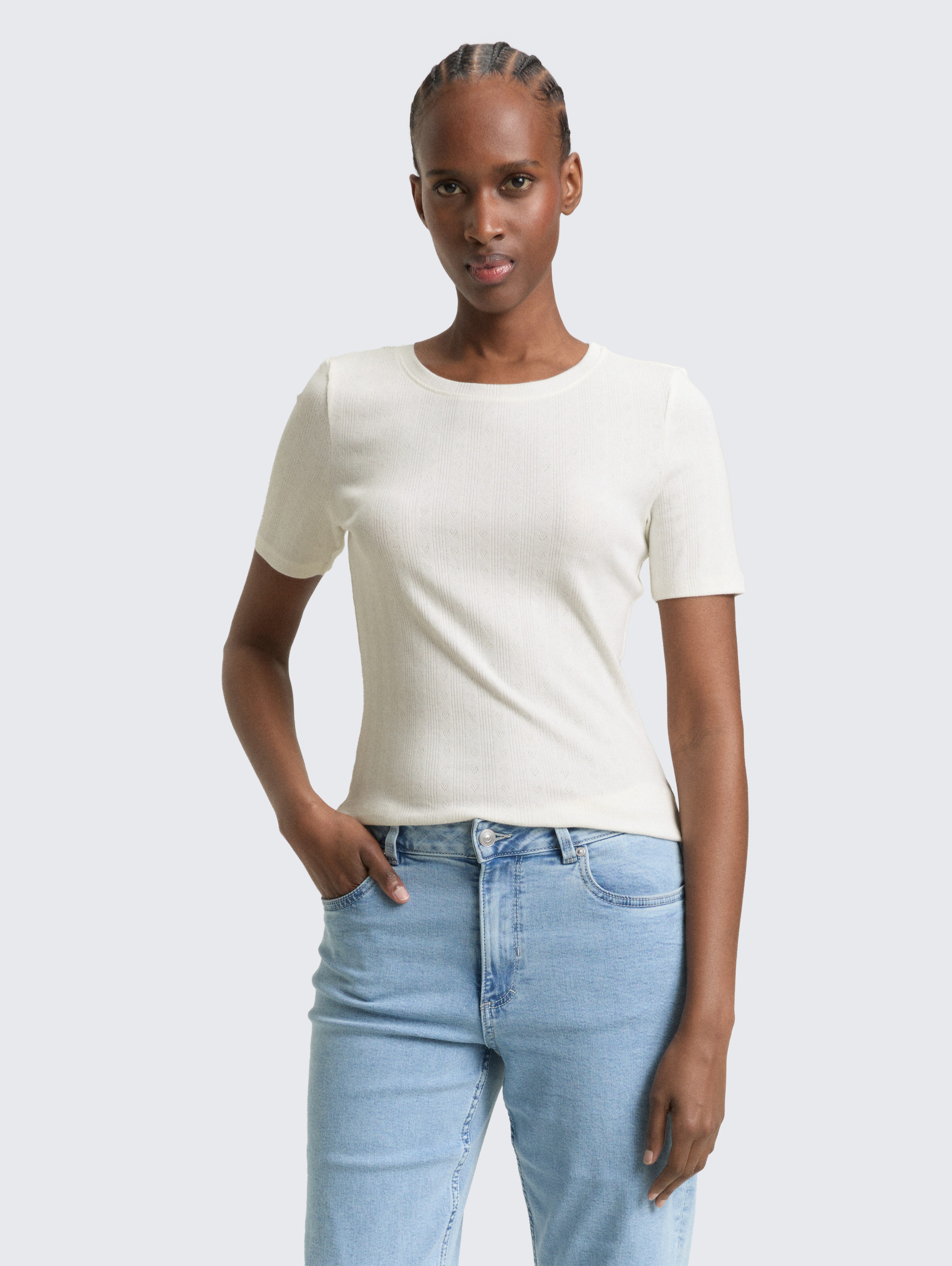 Slim Fit Pointelle T-Shirt von Denim Female, off white