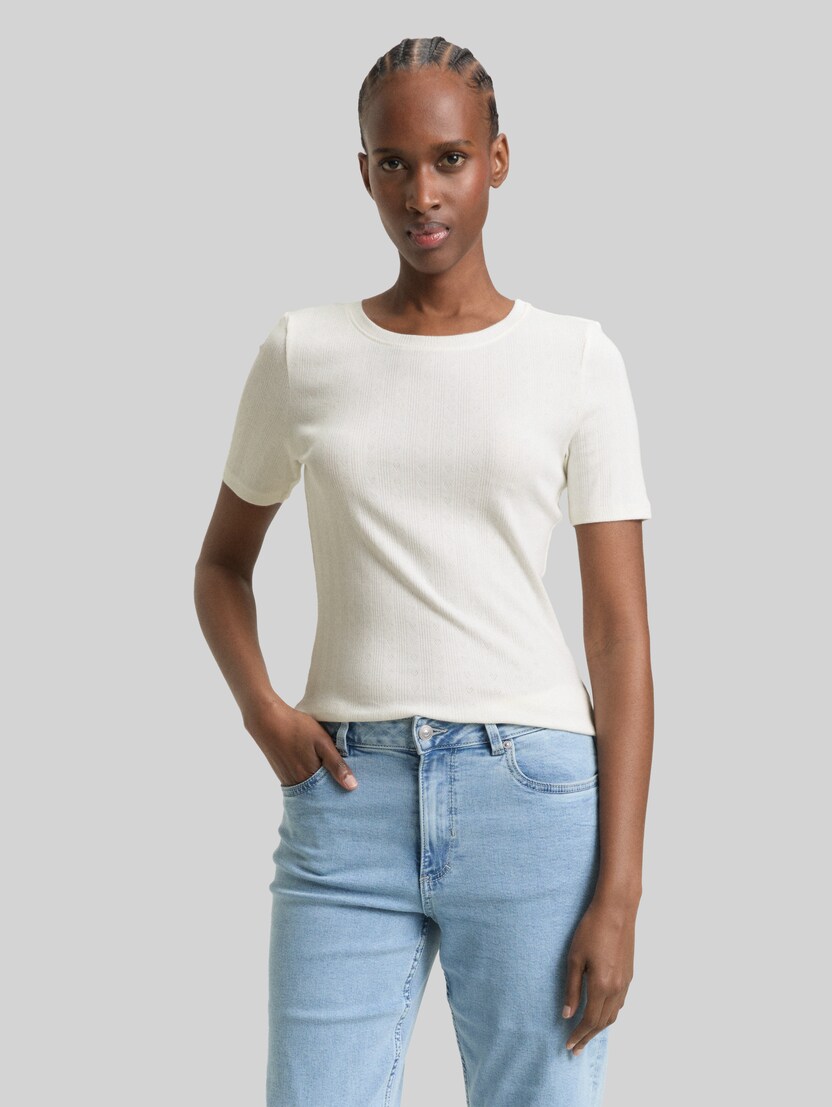 Slim fit T-shirt met pointelle door Denim Female, off white