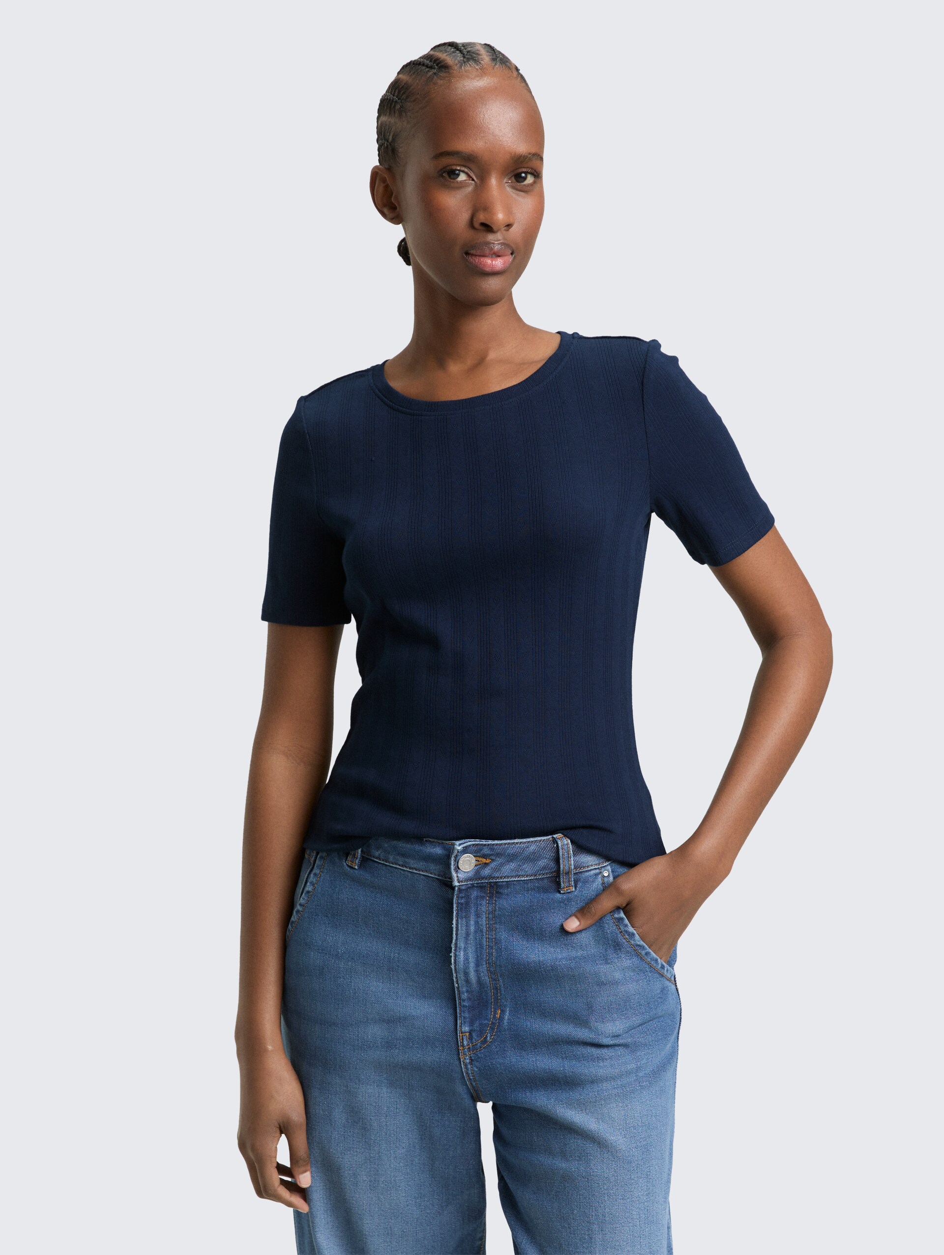 Slim Fit Pointelle T-Shirt - sky captain blue - Ausschnitt Model-Vorderansicht