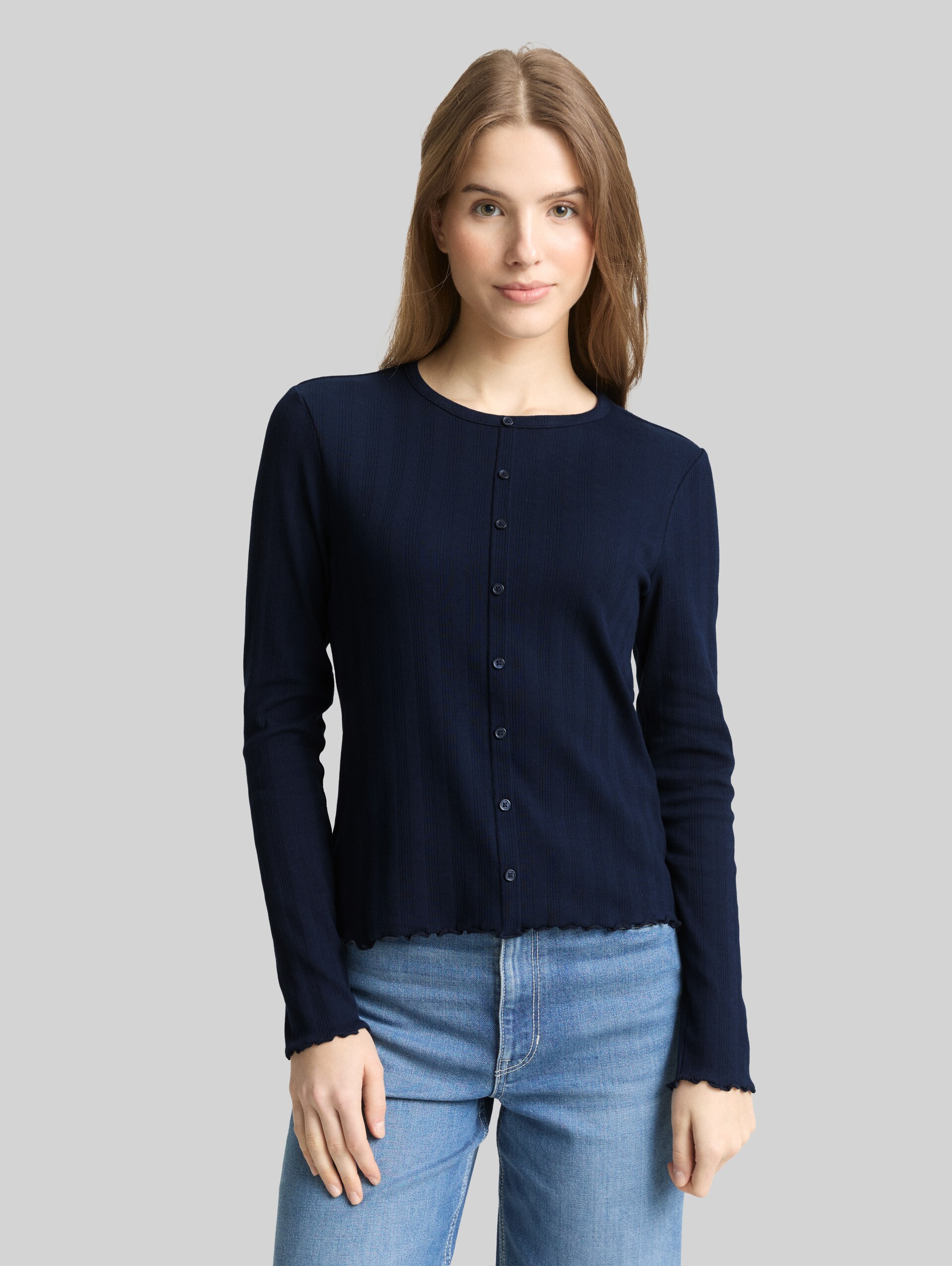 Pointelle long-sleeved shirt with decorative button placket - sky captain blue - Neckline model front view