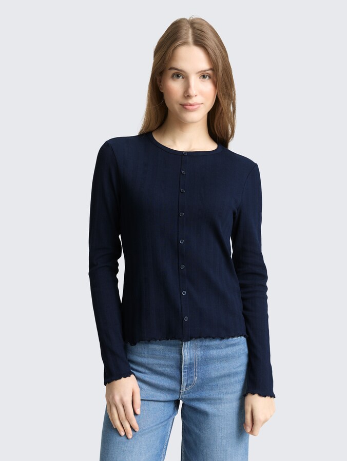 Pointelle shirt met lange mouwen en decoratieve knoopsluiting door Denim Female, sky captain blue