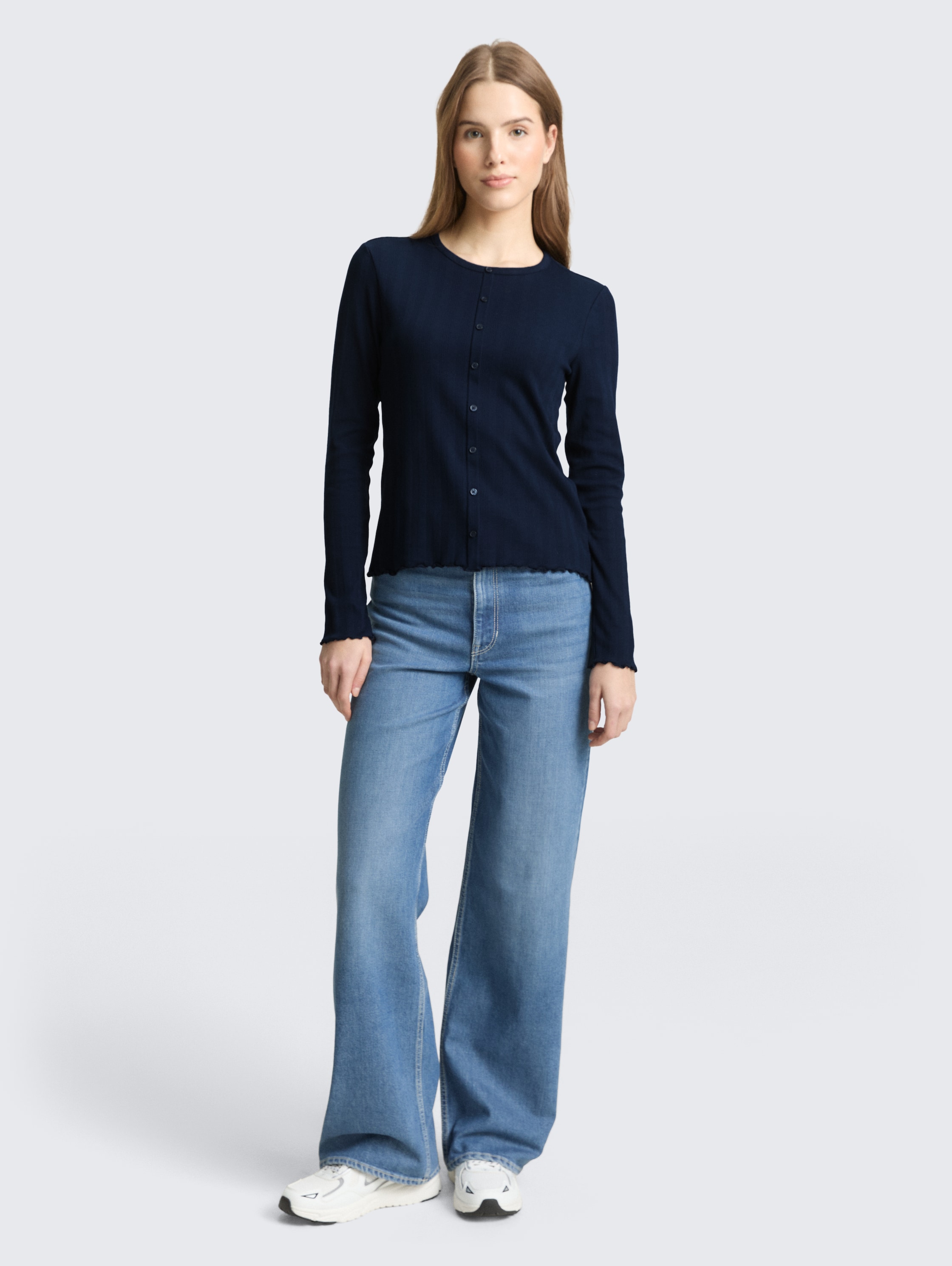Pointelle long-sleeved shirt with decorative button placket - sky_captain_blue_1 - 