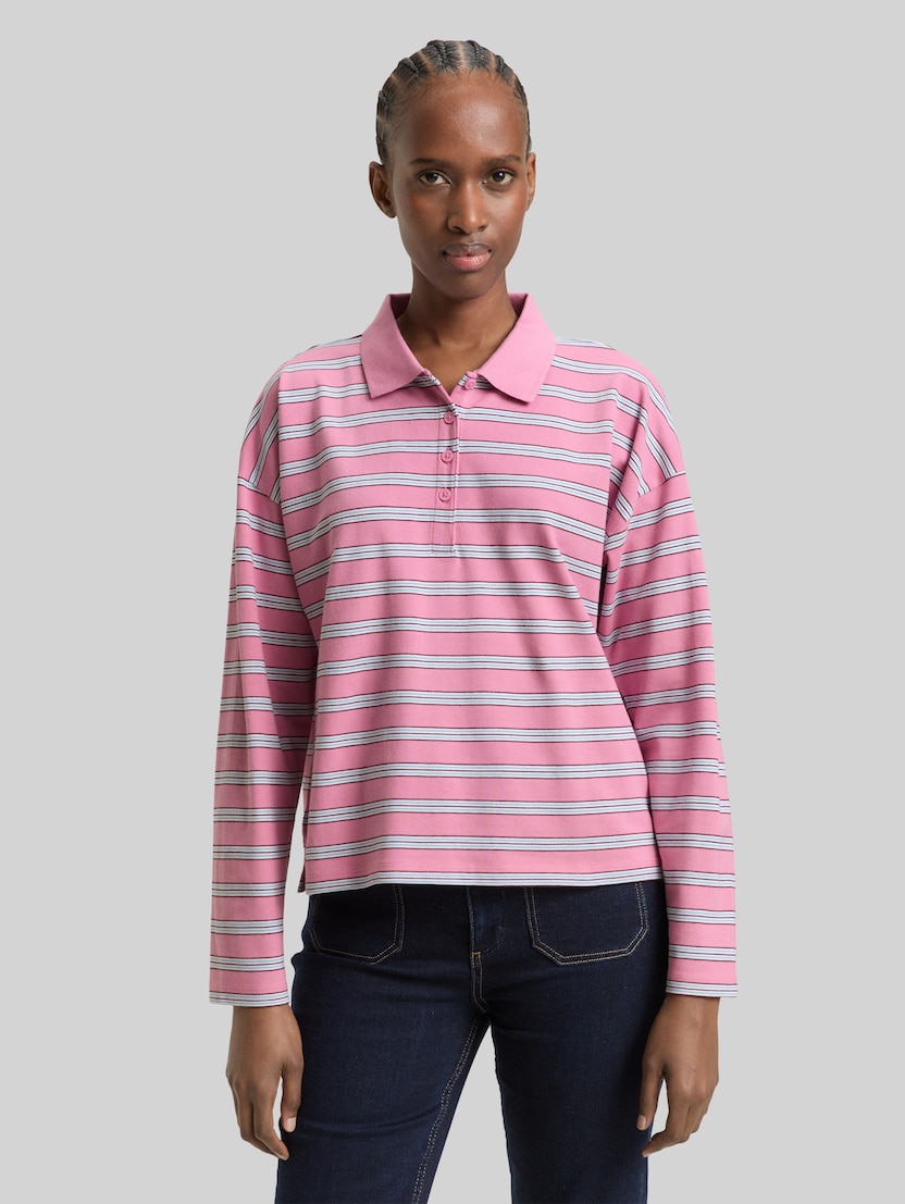 Boxy Fit Langarm Poloshirt mit Streifenmuster von Denim Female, pink blue multicolor stripe