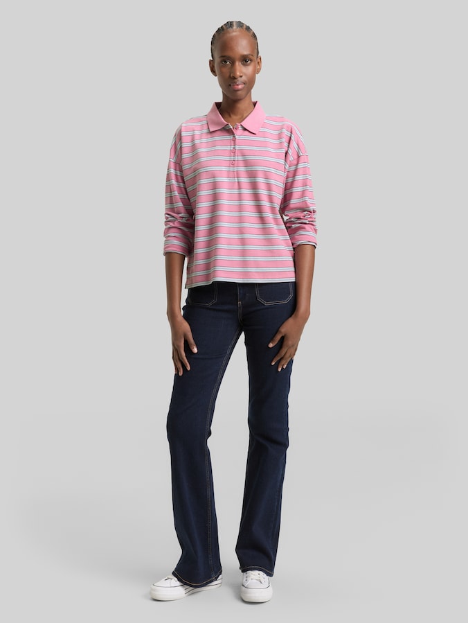 Boxy fit polo met lange mouwen en streepjesmotief door Denim Female, pink blue multicolor stripe