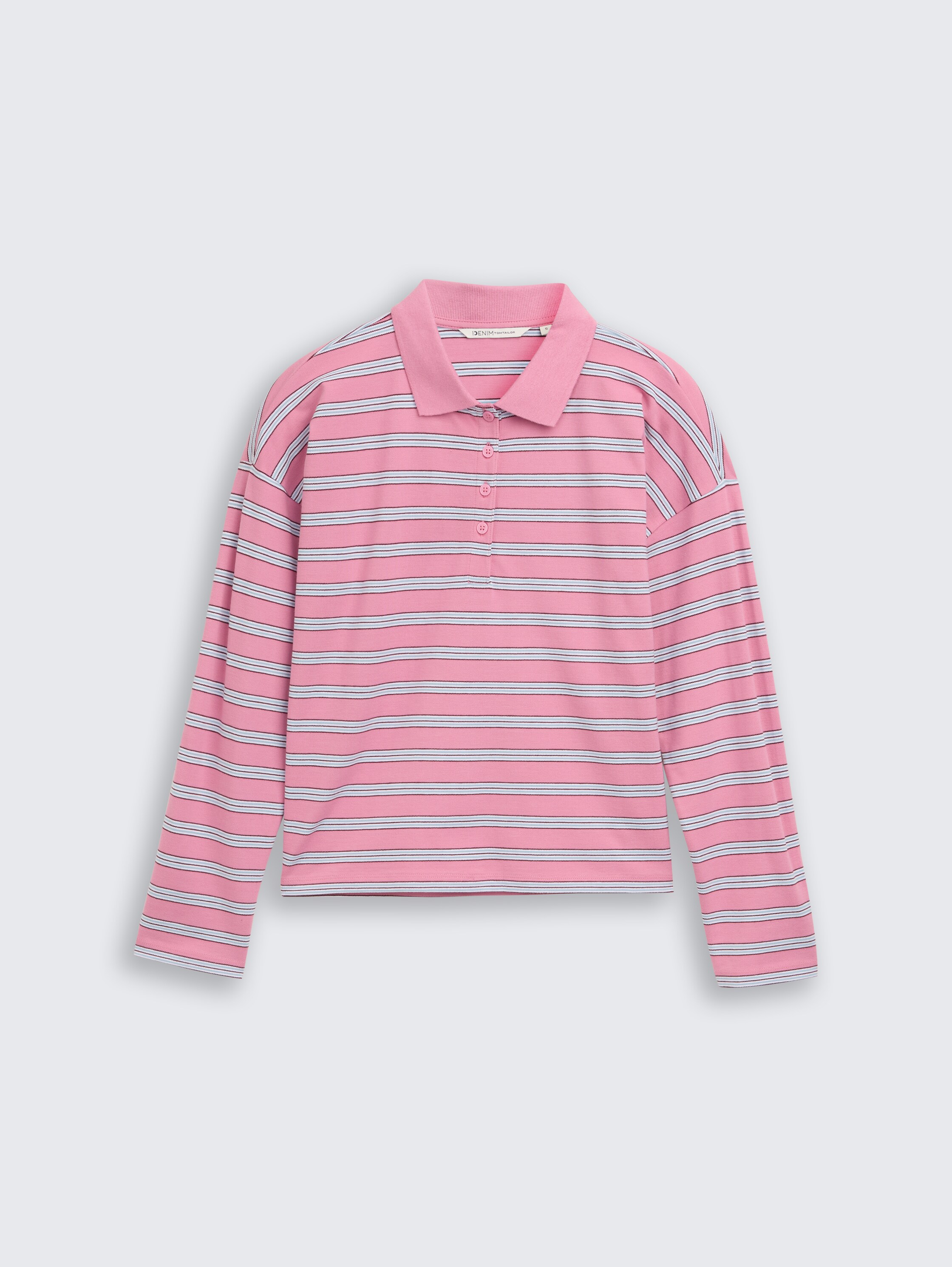 Boxy Fit Langarm Poloshirt mit Streifenmuster - pink blue multicolor stripe - Vorder-Produkt-Ansicht