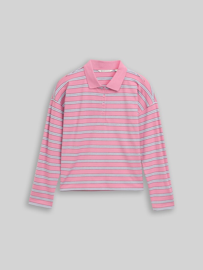 Boxy fit polo met lange mouwen en streepjesmotief door Denim Female, pink blue multicolor stripe