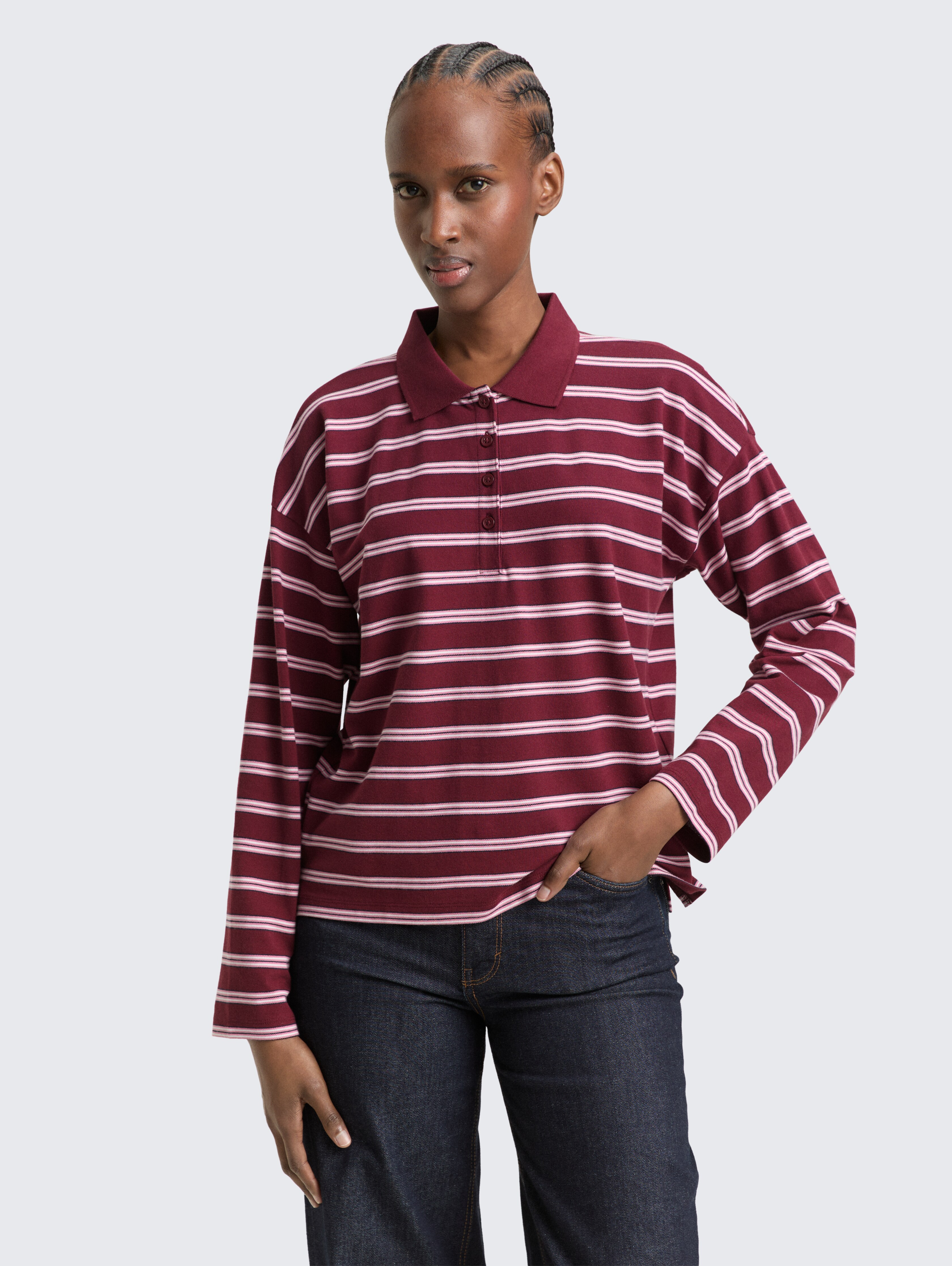 Boxy Fit Langarm Poloshirt mit Streifenmuster von Denim Female, red pink multicolor stripe
