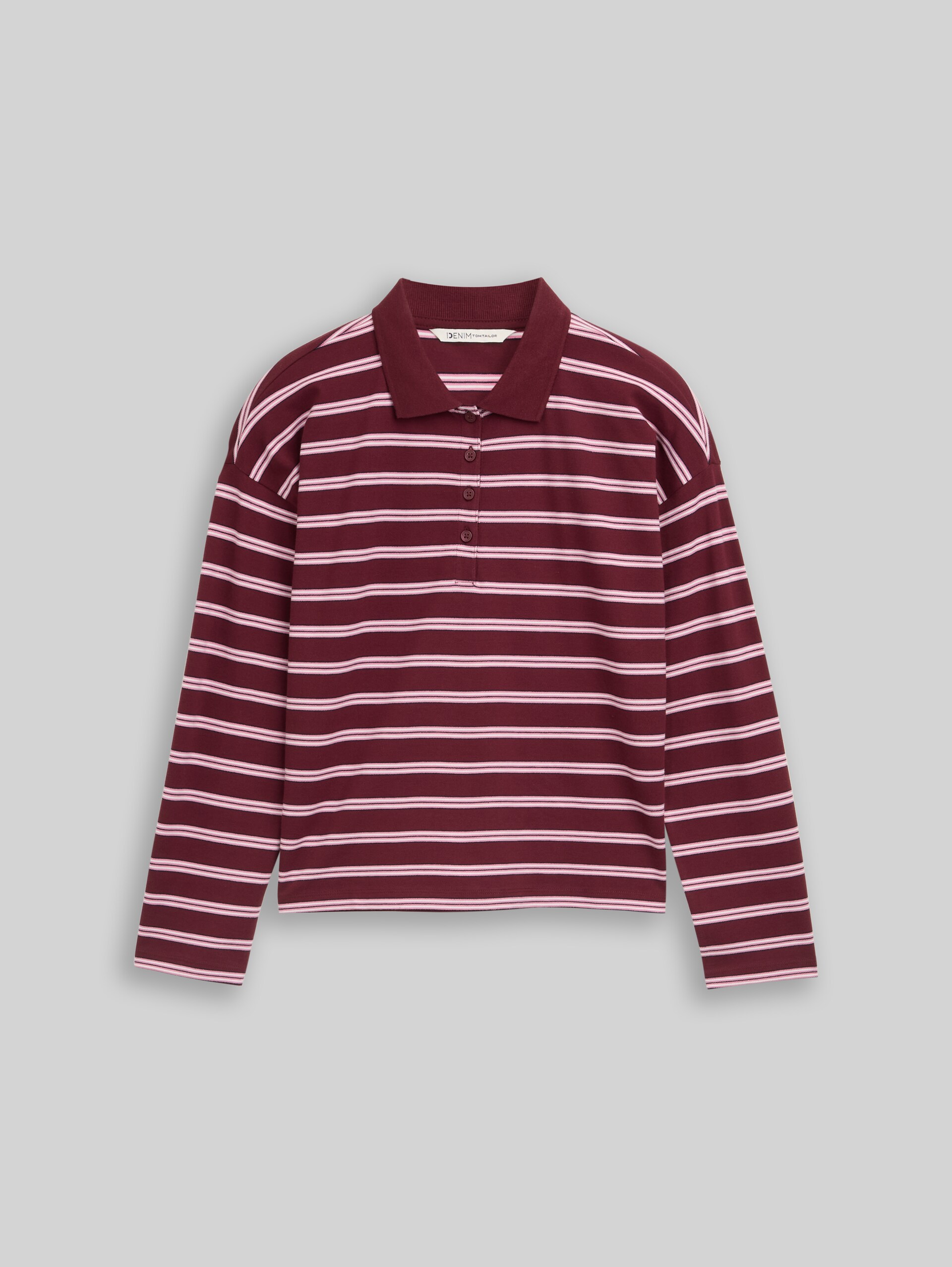 Boxy Fit Langarm Poloshirt mit Streifenmuster - red pink multicolor stripe - Vorder-Produkt-Ansicht