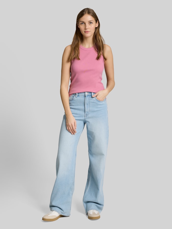Slim fit top met ribbelstructuur door Denim Female, Soft Blush Rose