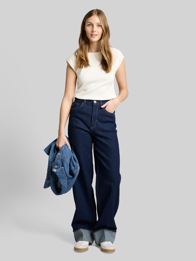 Slim fit T-shirt met ribstructuur door Denim Female, off white