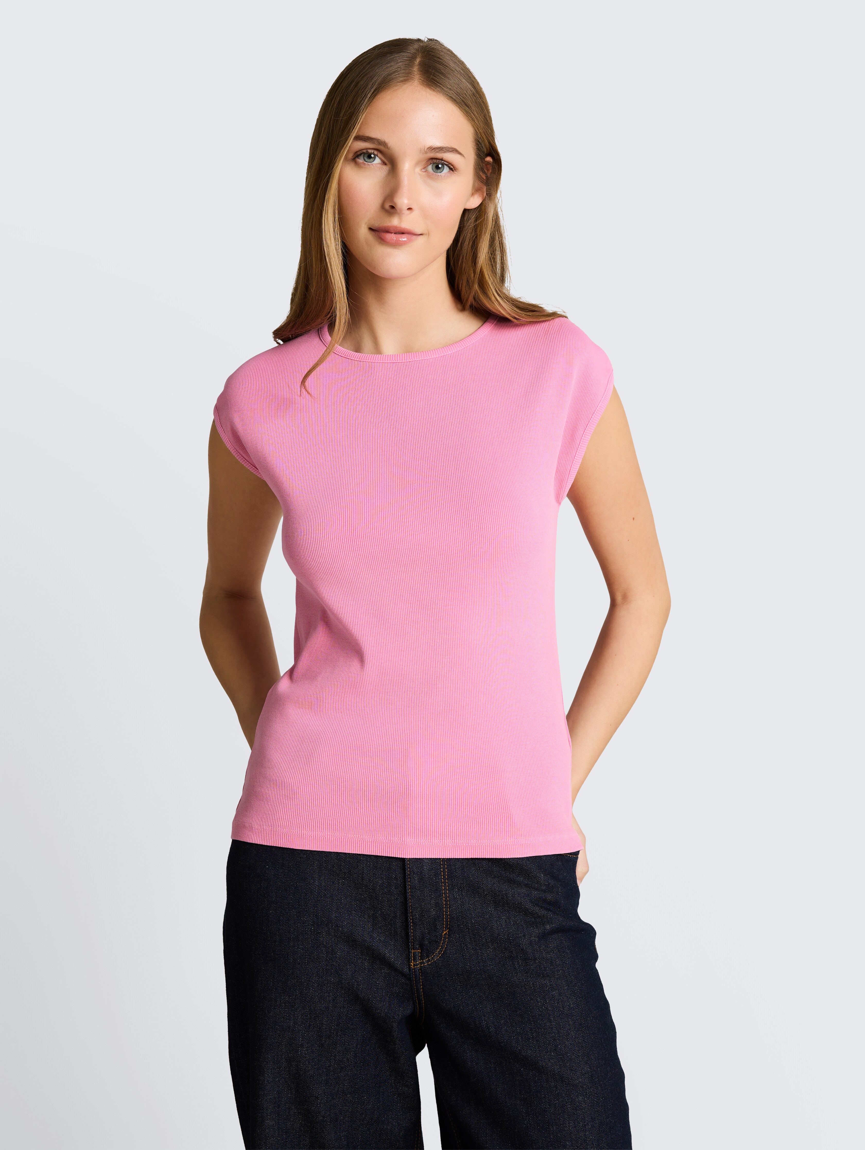 Slim Fit T-Shirt mit Rippstruktur von Denim Female, Soft Blush Rose