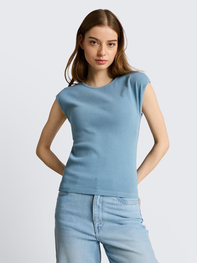 Slim fit T-shirt met ribstructuur door Denim Female, spring lake blue