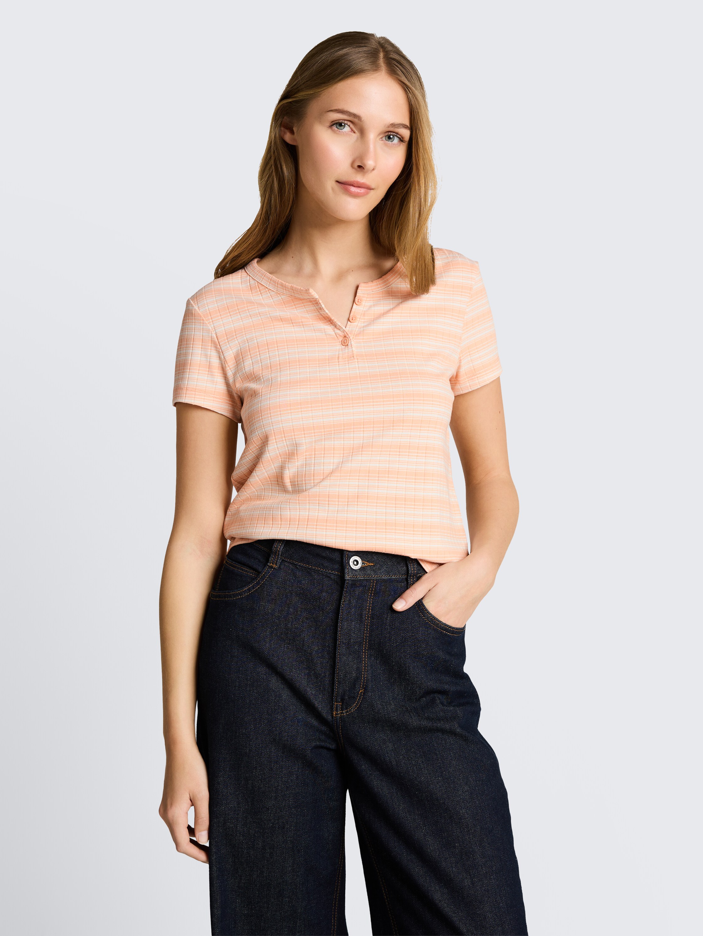 Henley T-Shirt mit Streifenmuster - apricot_white_gradient_stripe - 