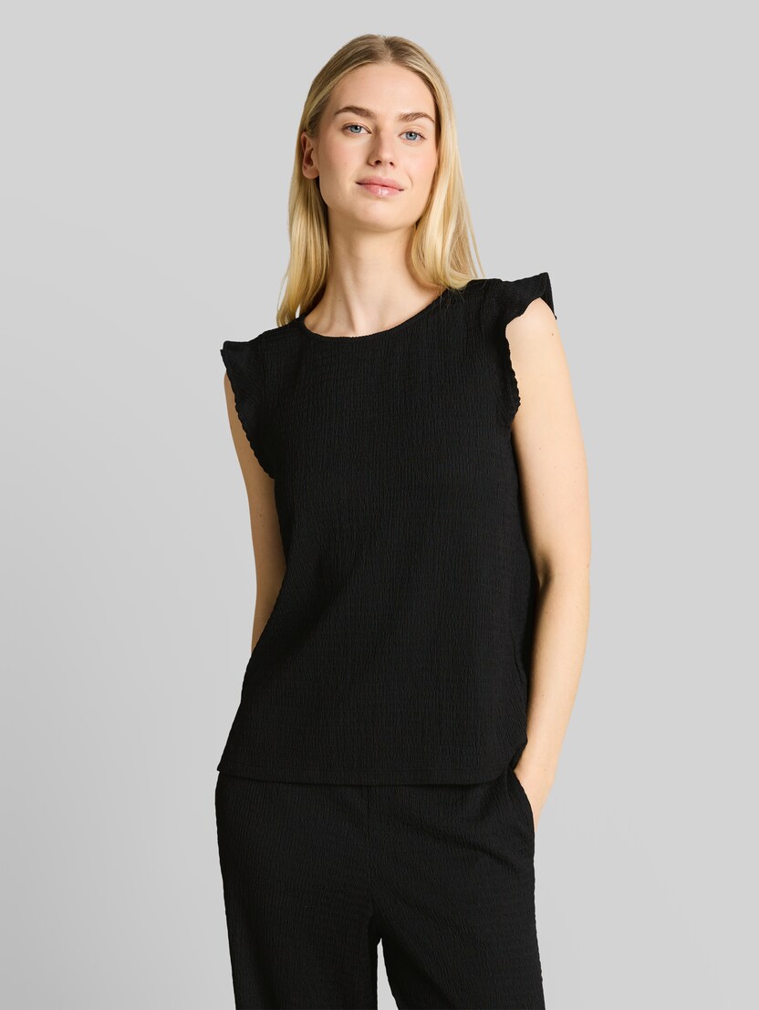Losvallende crinkle top met volants door Denim Female, deep black