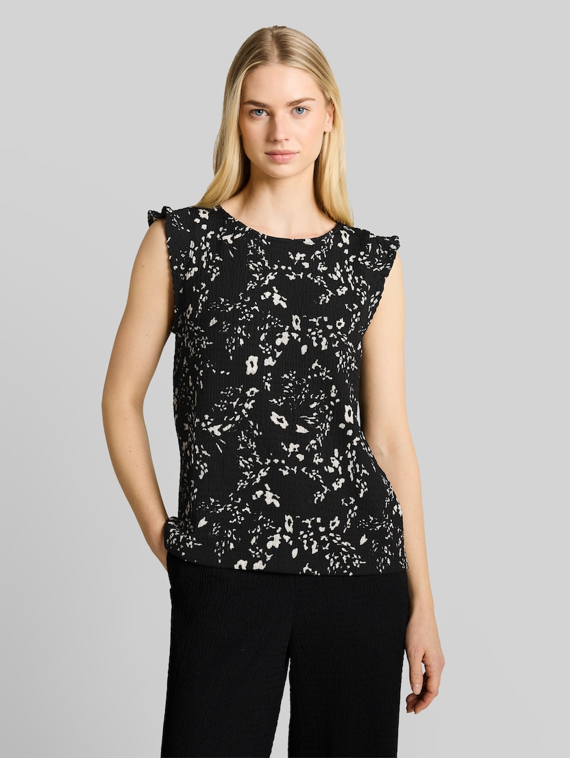 Losvallende crinkle top met volants door Denim Female, black white flower print