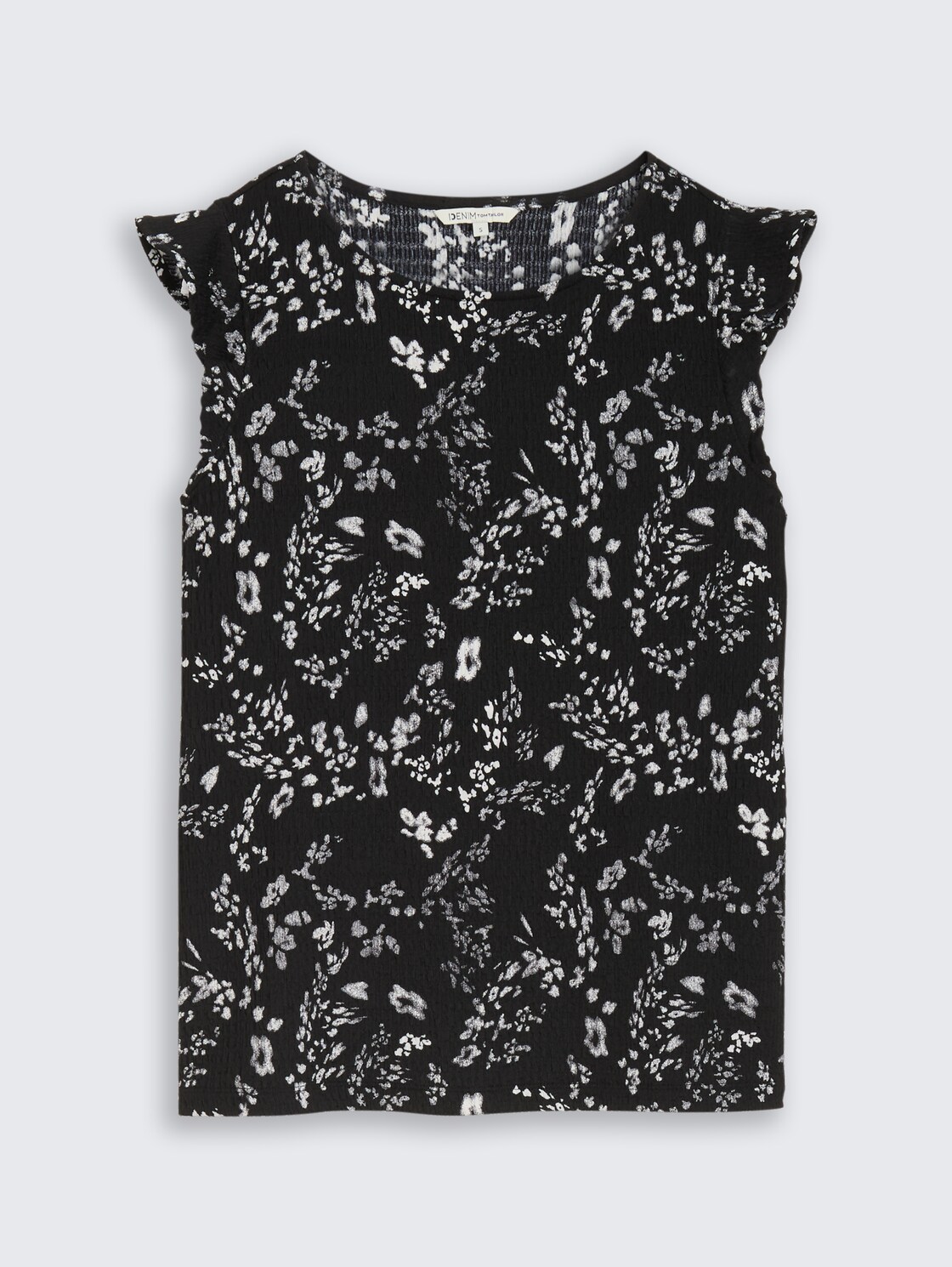 Loose Fit Crinkle Top mit Volants - black white flower print - Vorder-Produkt-Ansicht
