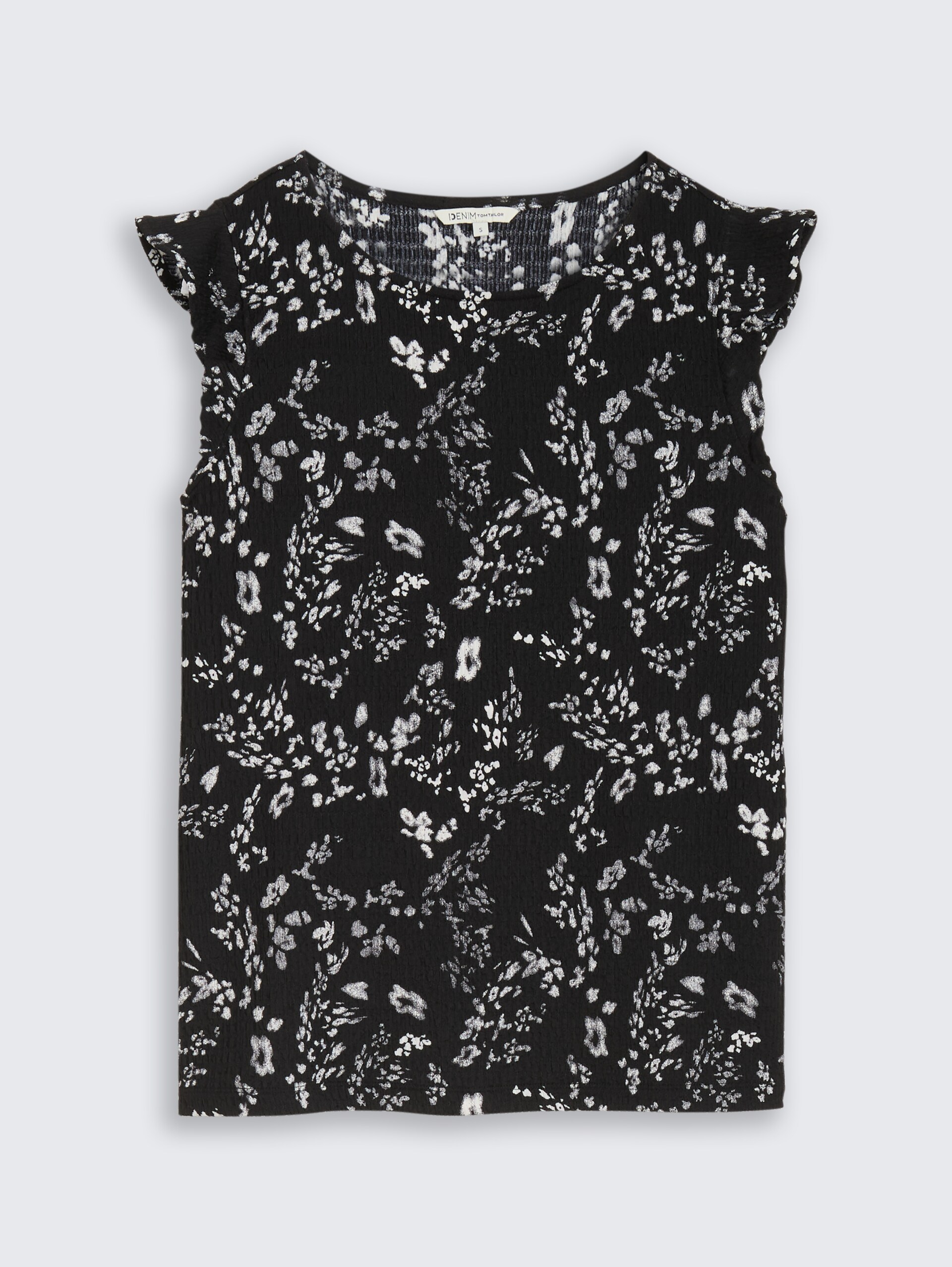 Loose Fit Crinkle Top mit Volants - black white flower print - Vorder-Produkt-Ansicht
