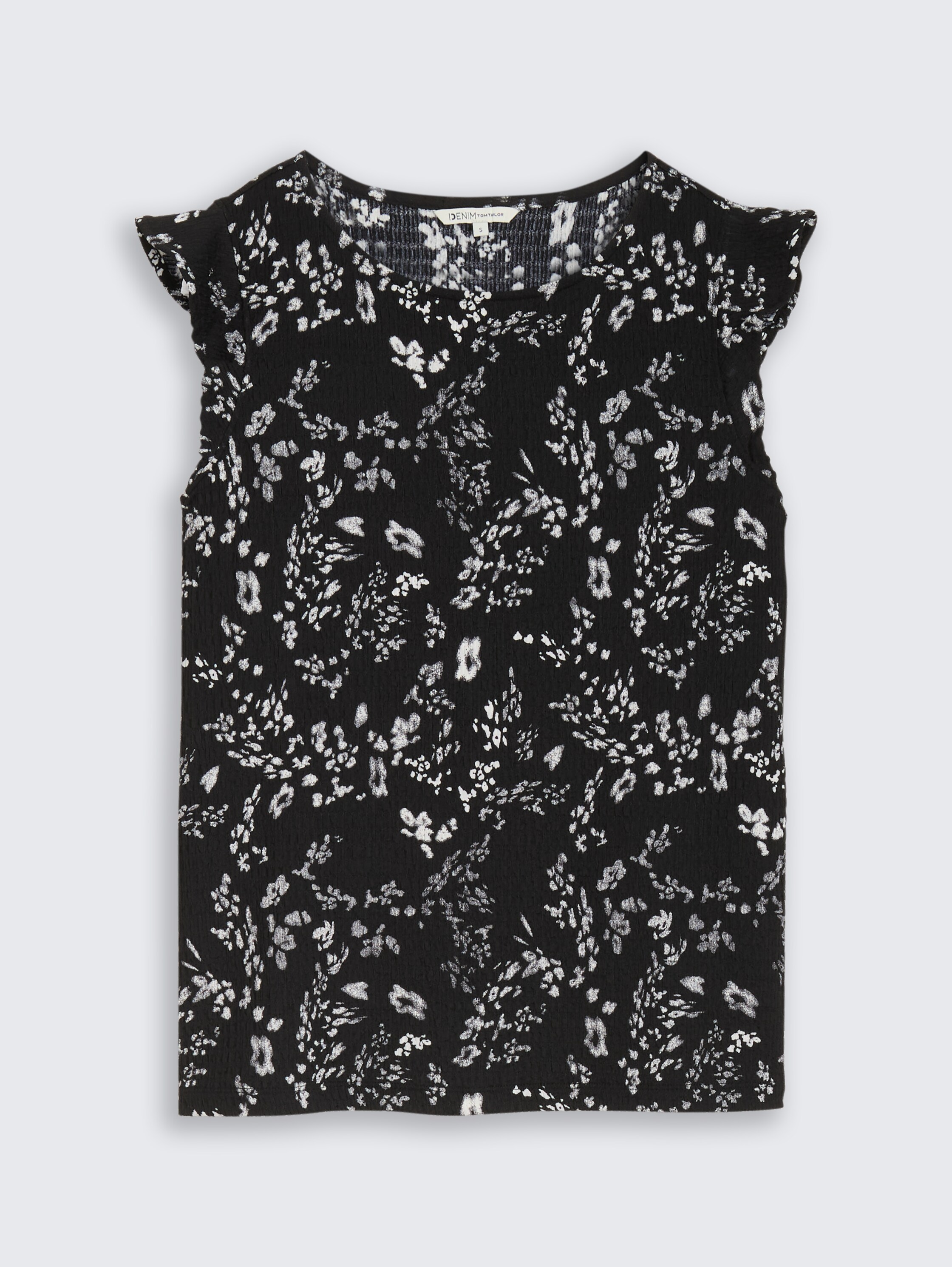 Loose Fit Crinkle Top mit Volants - black_white_flower_print - 
