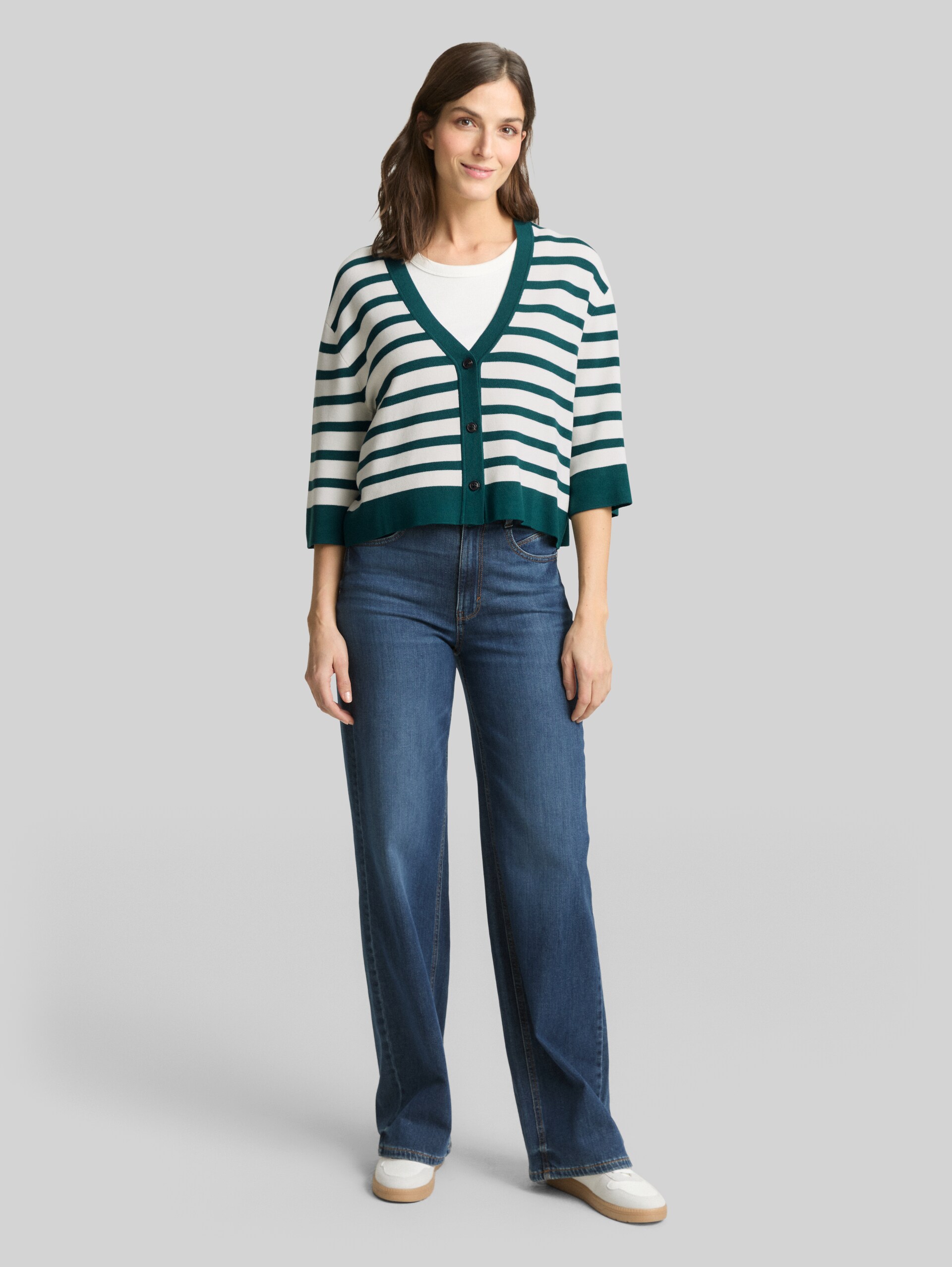 Loose fit cardigan with striped pattern - white green knit stripe - Model front view