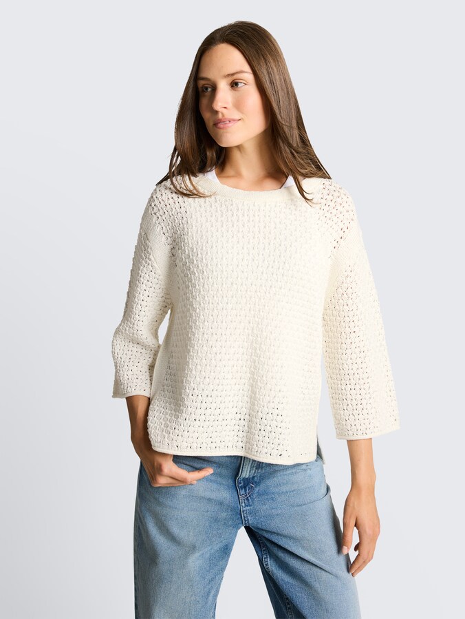 Loose fit knitted jumper with eyelet pattern by Women, Whisper White