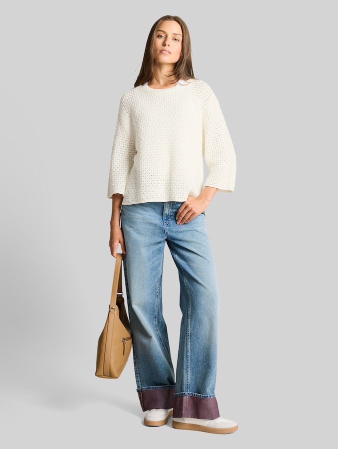 Loose fit gebreide trui met gaatjespatroon door Women, Whisper White
