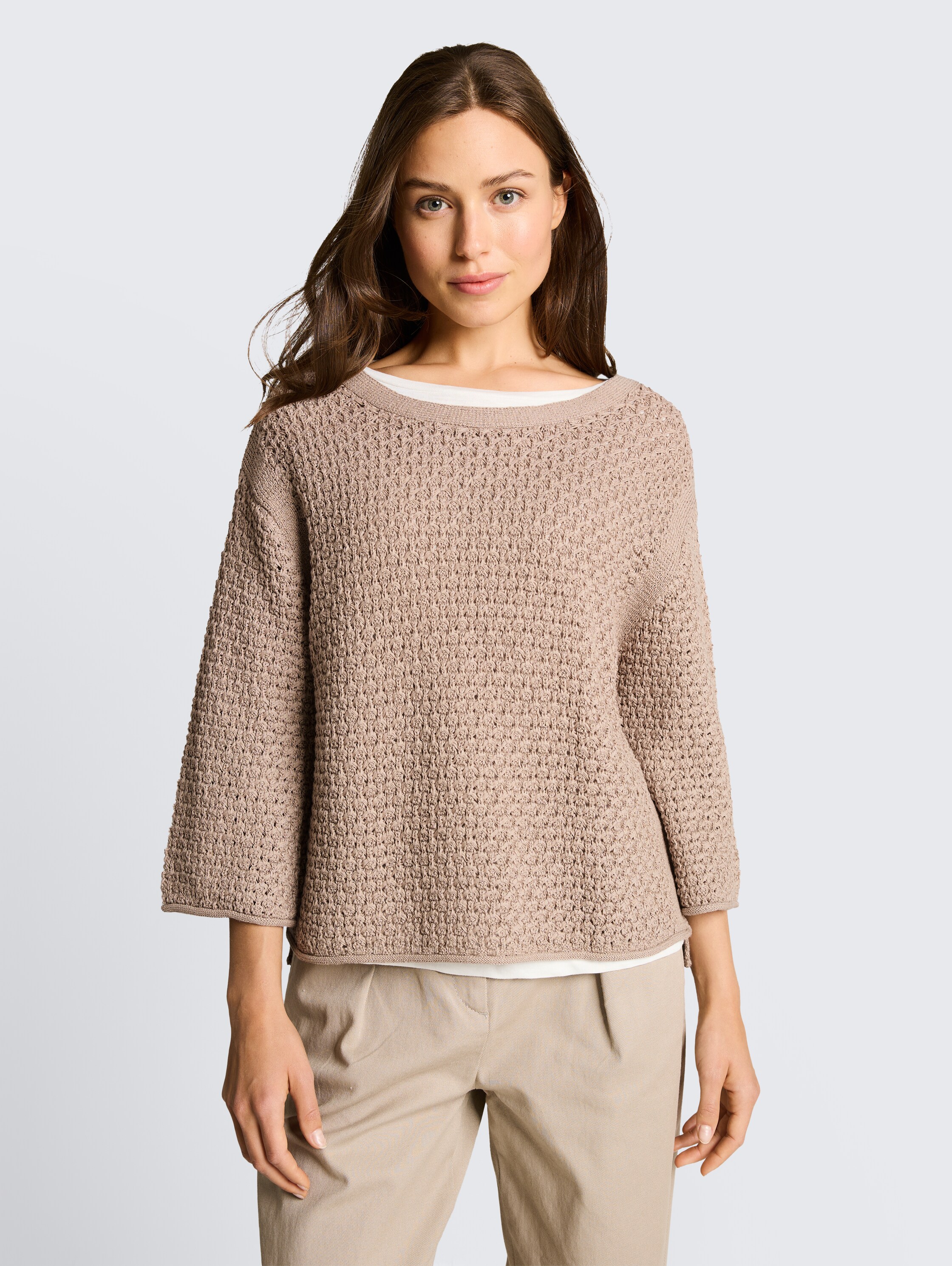 Loose fit gebreide trui met gaatjespatroon - soft_taupe_grey - 