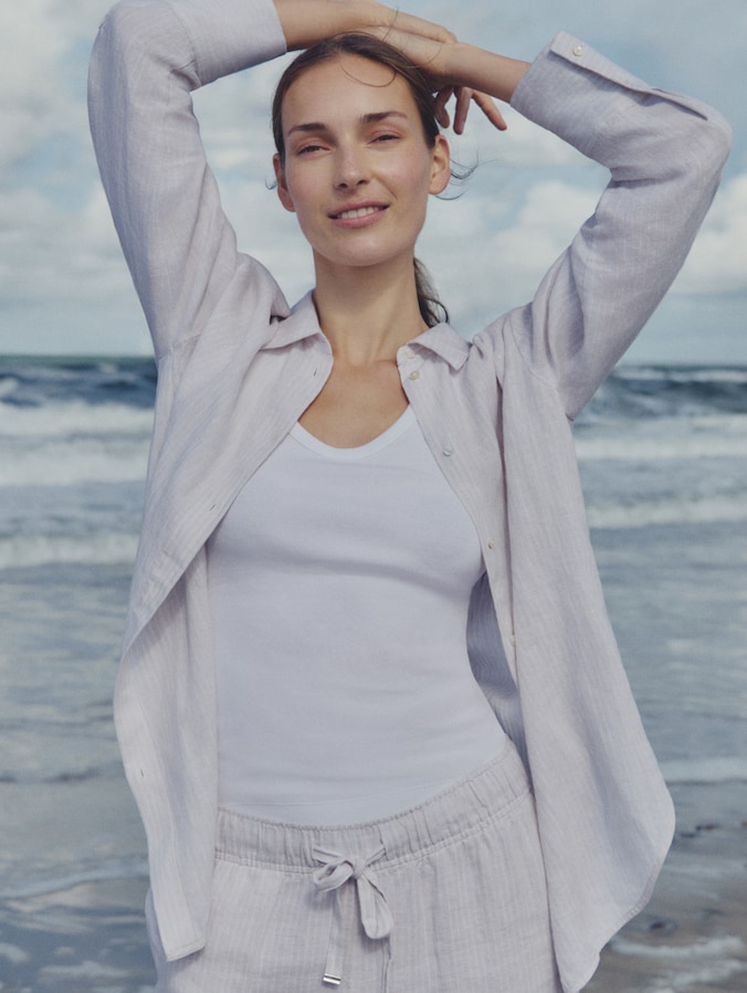 Chemise oversize avec partie en lin par Women, taupe white irregular stripe