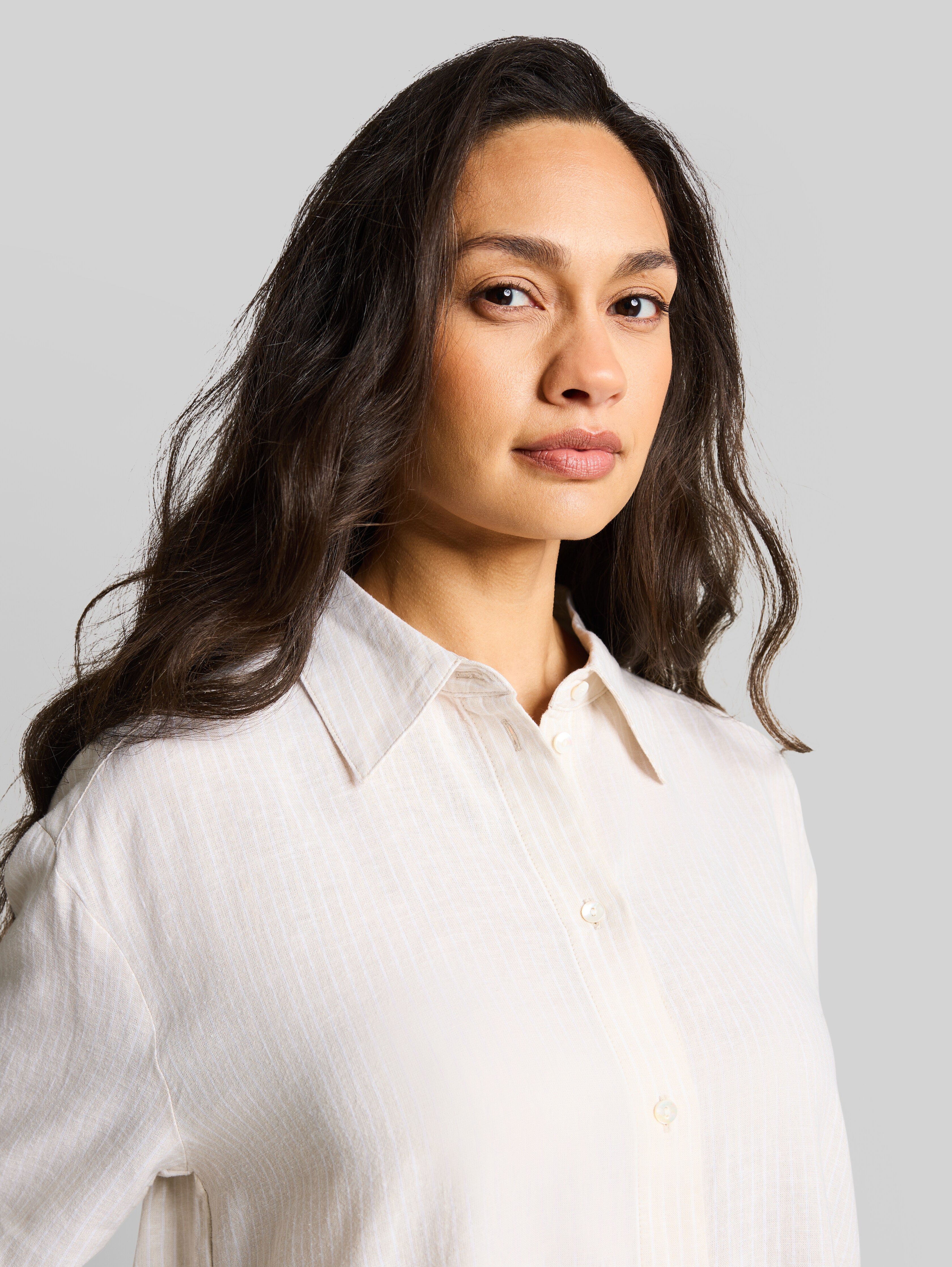 Oversized shirt blouse with linen blend in beige by Tom Tailor